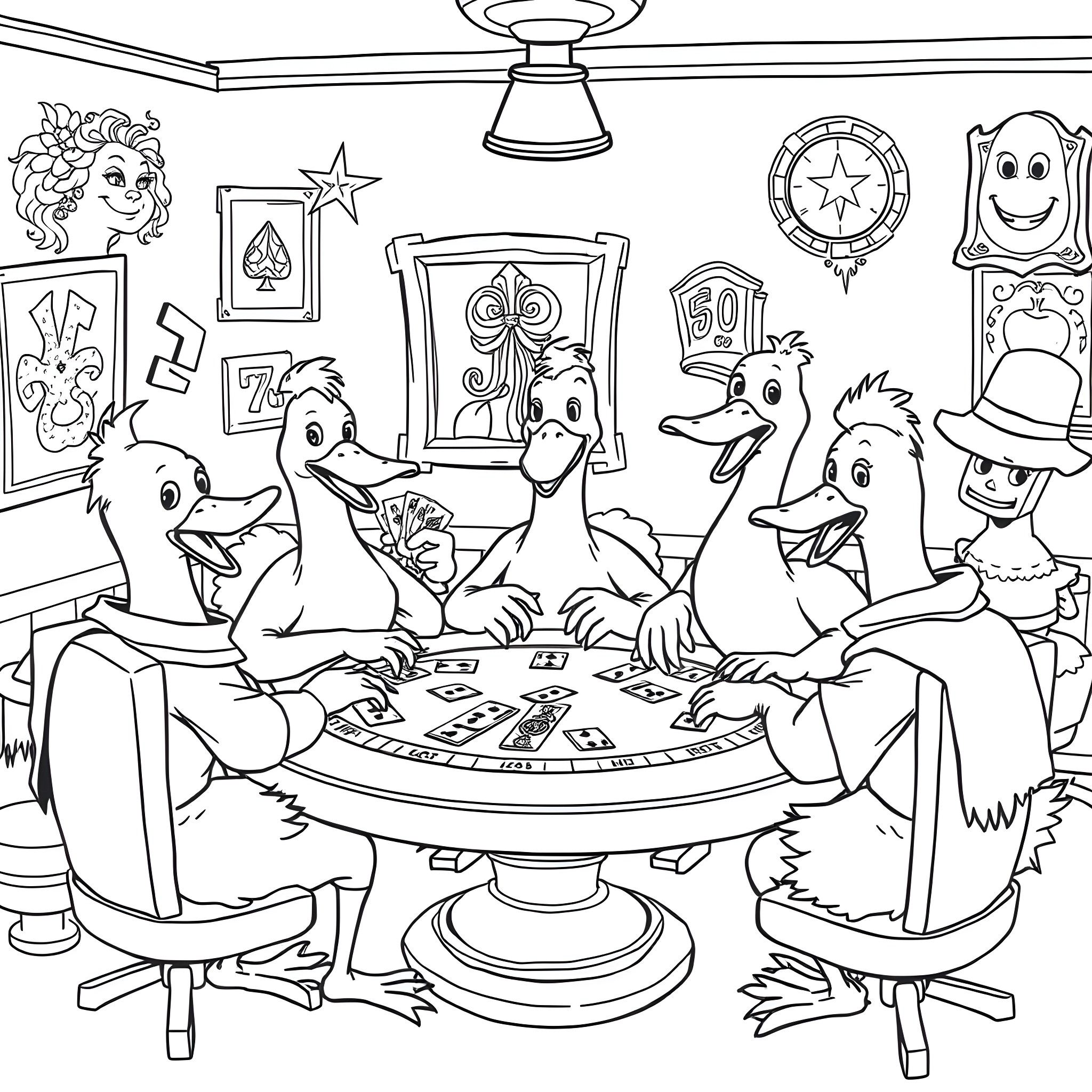 Goose friends playing cards together in a cozy room Coloring Page (free black-and-white line drawing printable PDF for all, from beginners to advanced learners, including children, teens, adults, and seniors)