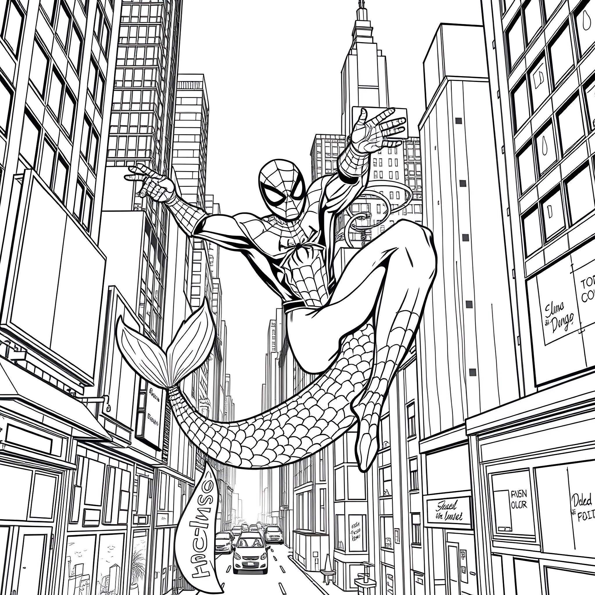 Spider-Man swinging through the city skyline Coloring Page (free black-and-white line drawing printable PDF for all, from beginners to advanced learners, including children, teens, adults, and seniors)