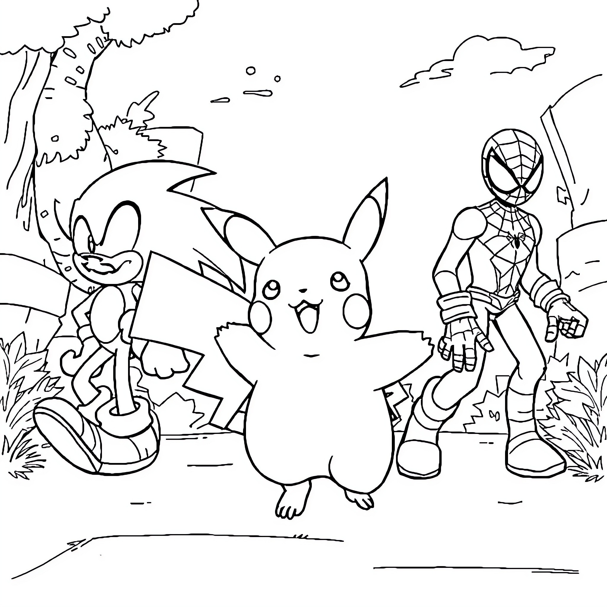 Pikachu and Spiderman in an adventurous scene Coloring Page (free black-and-white line drawing printable PDF for all, from beginners to advanced learners, including children, teens, adults, and seniors)