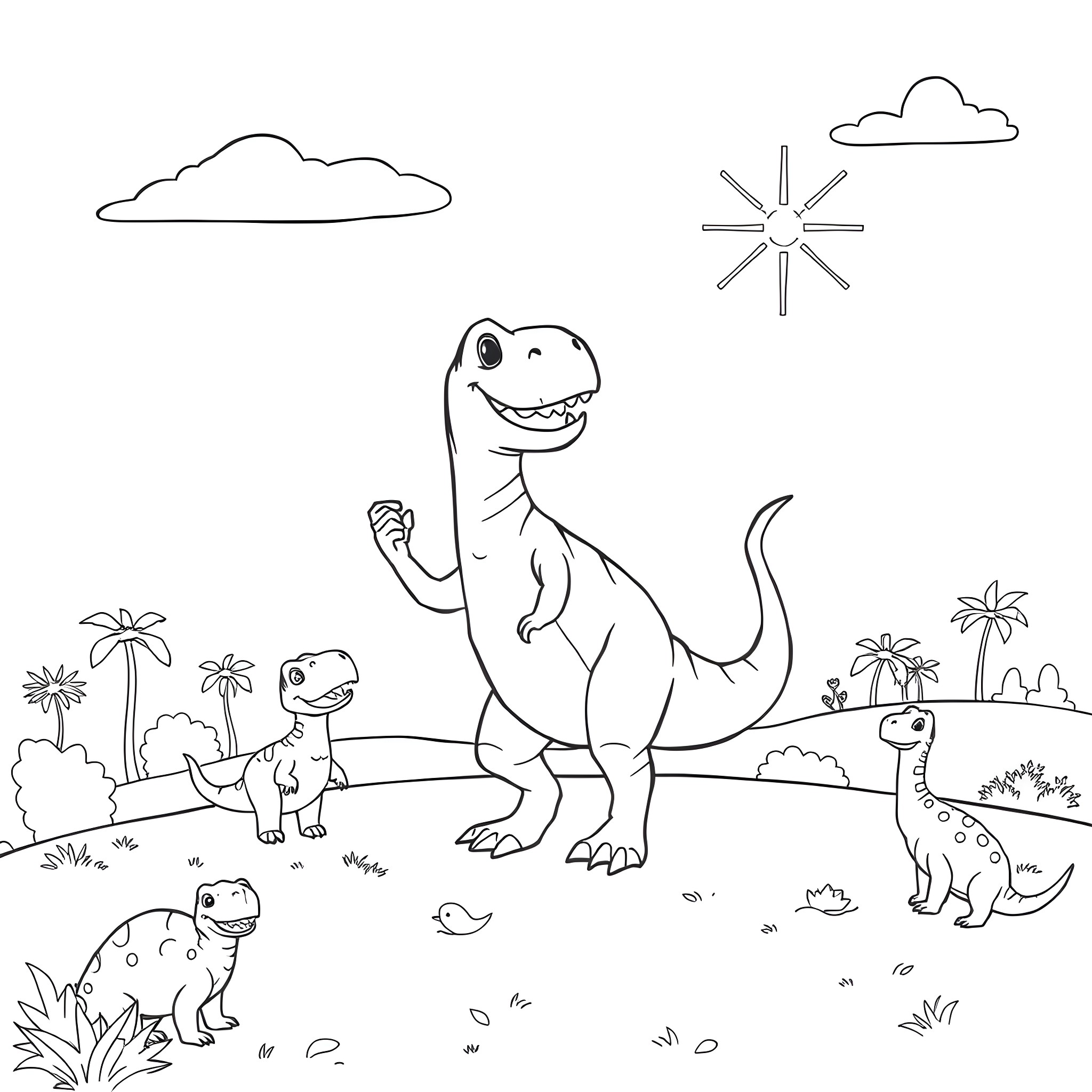 Dinosaurs playing in a sunny prehistoric landscape Coloring Page (free black-and-white line drawing printable PDF for all, from beginners to advanced learners, including children, teens, adults, and seniors)