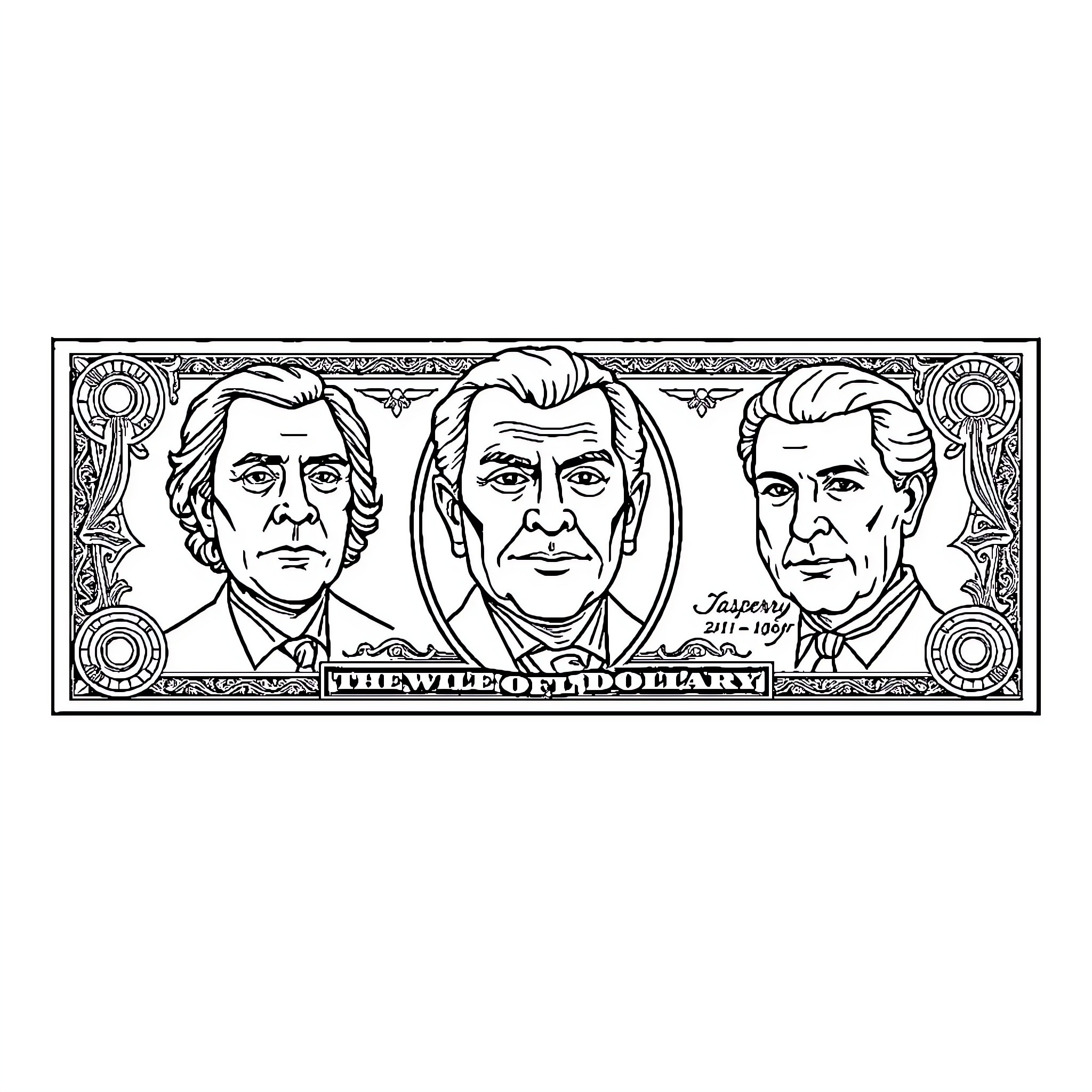 Dollar Bill with Influential Political Figures Coloring Page (free black-and-white line drawing printable PDF for all, from beginners to advanced learners, including children, teens, adults, and seniors)