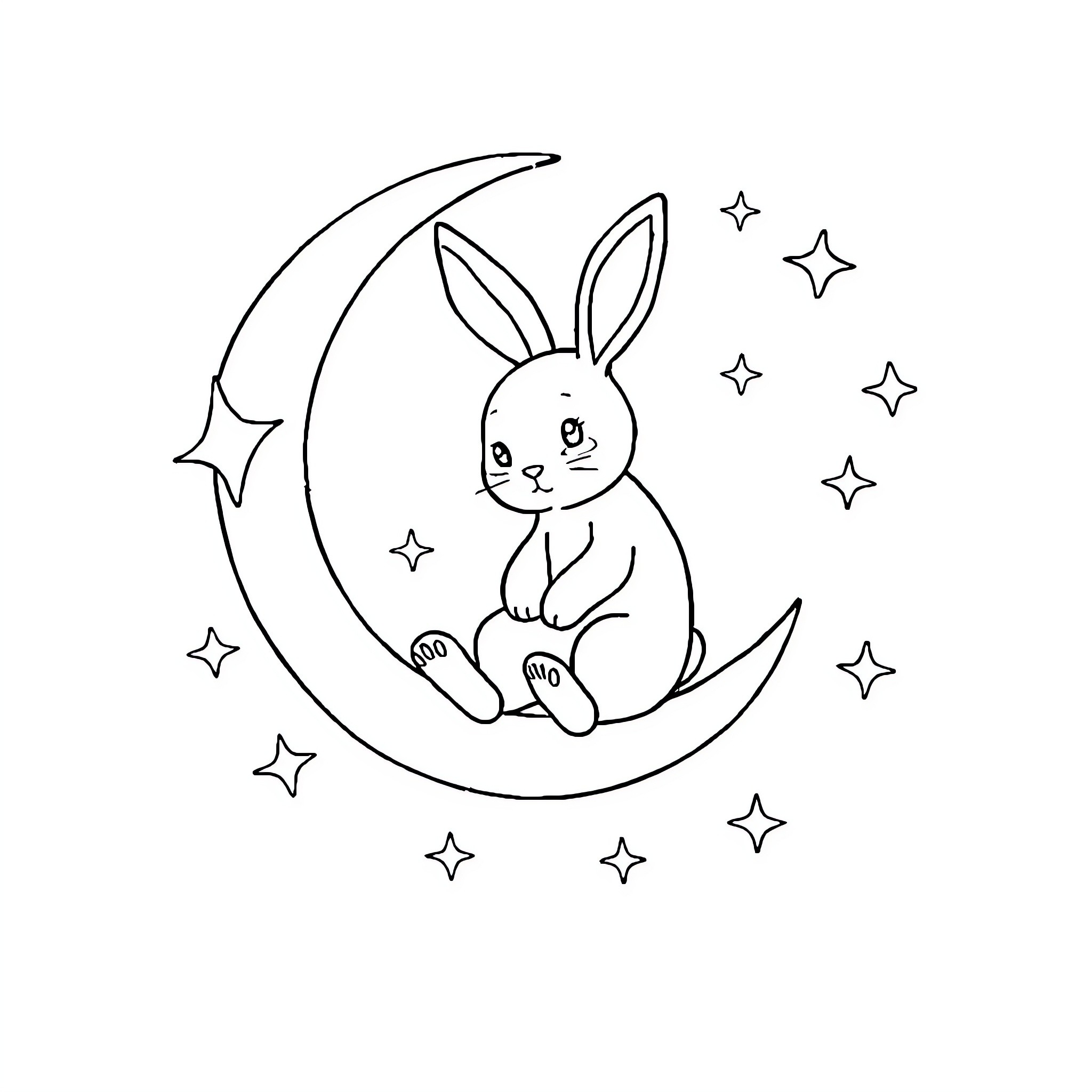 Bunny resting peacefully on the crescent moon Coloring Page (free black-and-white line drawing printable PDF for all, from beginners to advanced learners, including children, teens, adults, and seniors)
