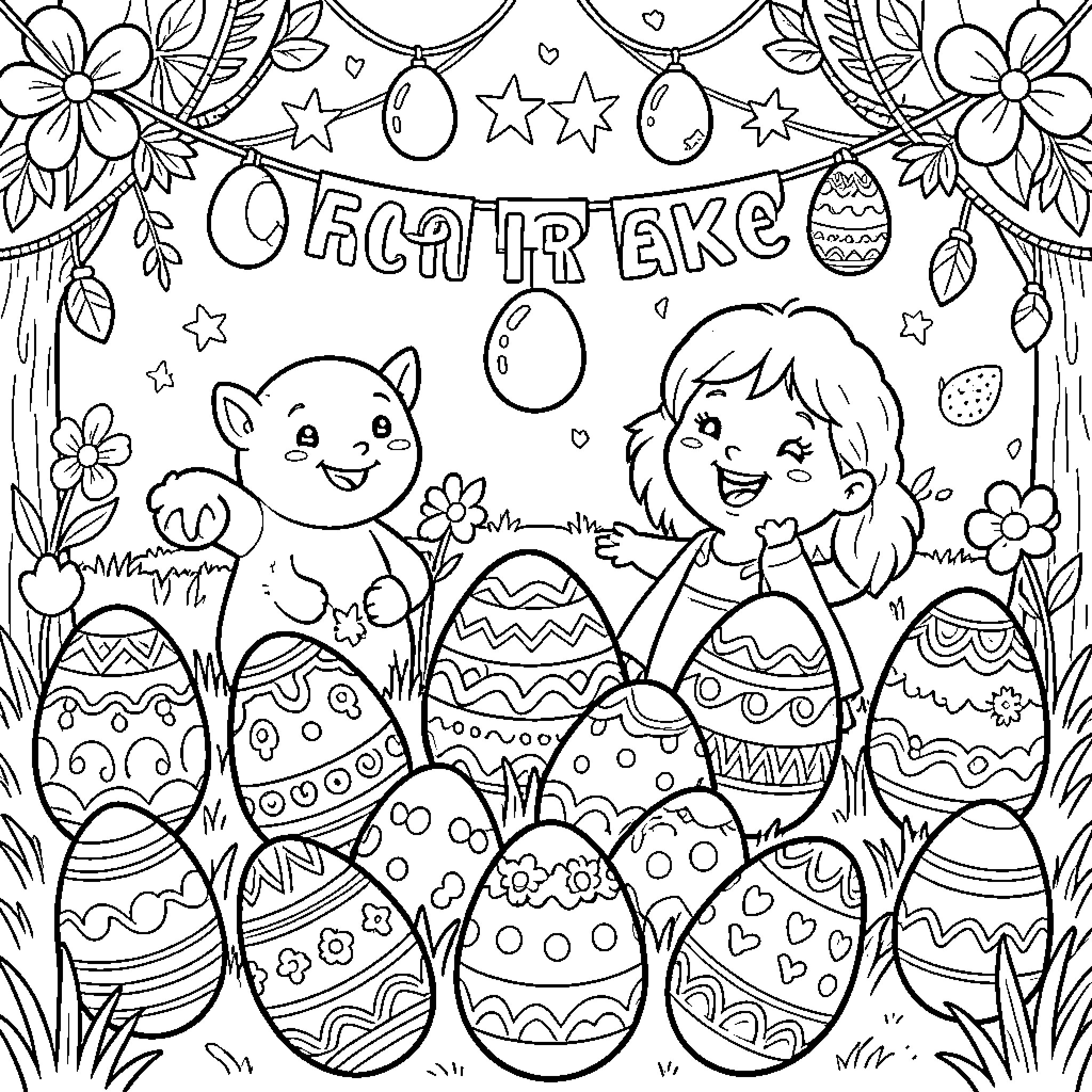 Easter celebration with joyful characters and decorated eggs Coloring Page (free black-and-white line drawing printable PDF for all, from beginners to advanced learners, including children, teens, adults, and seniors)