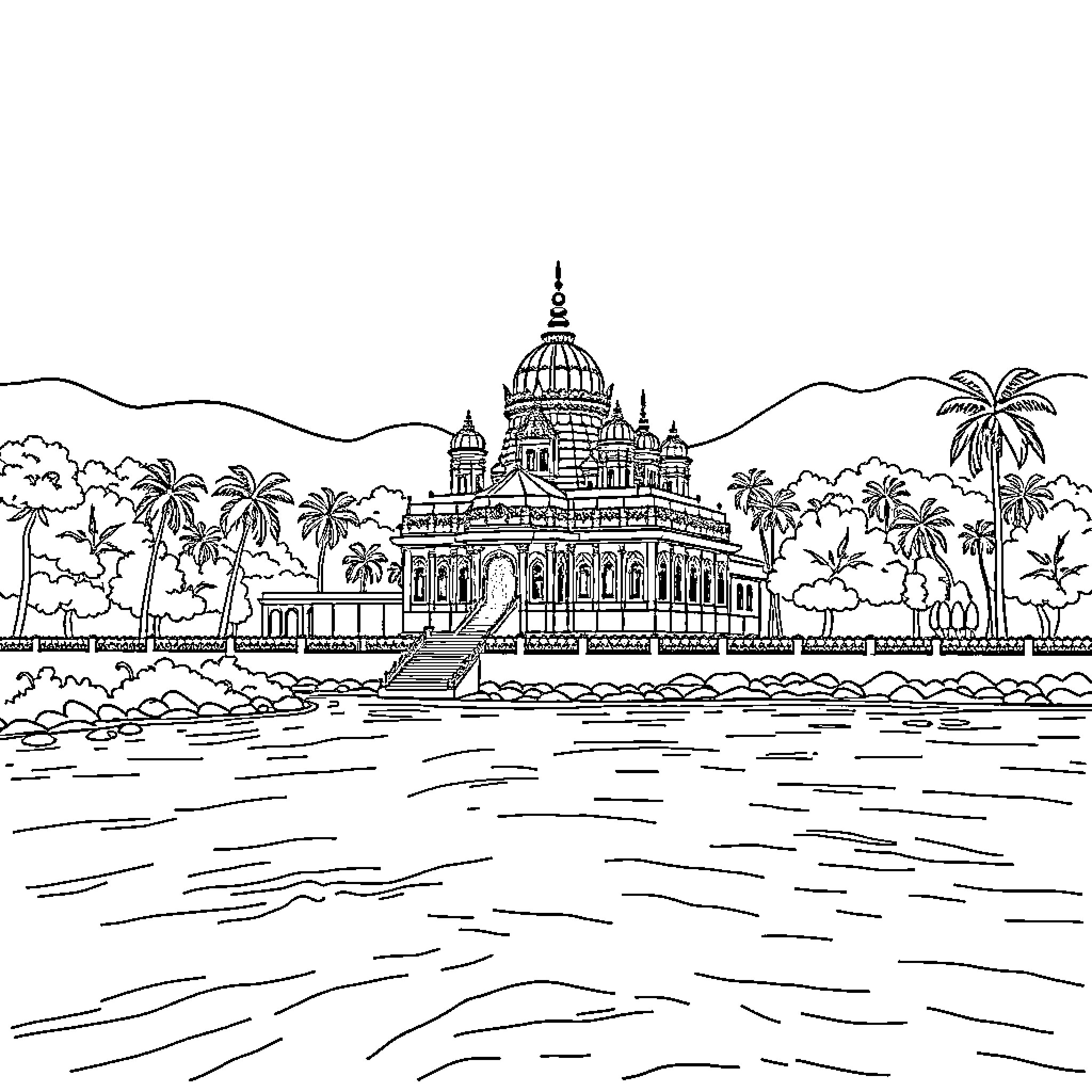 Temple with elaborate architecture surrounded by palm trees Coloring Page (free black-and-white line drawing printable PDF for all, from beginners to advanced learners, including children, teens, adults, and seniors)