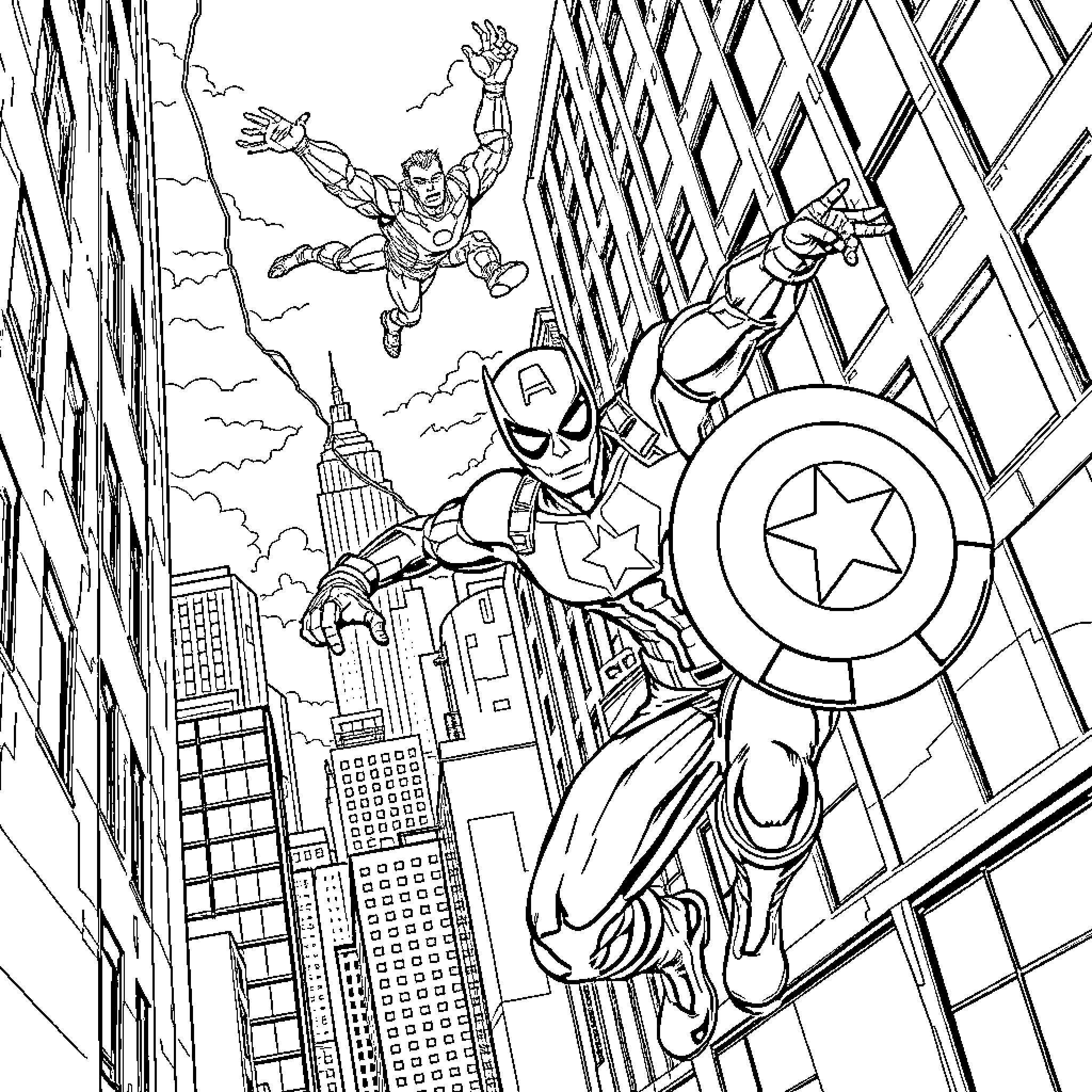 Superheroes in Action Over City Skyline Coloring Page (free black-and-white line drawing printable PDF for all, from beginners to advanced learners, including children, teens, adults, and seniors)