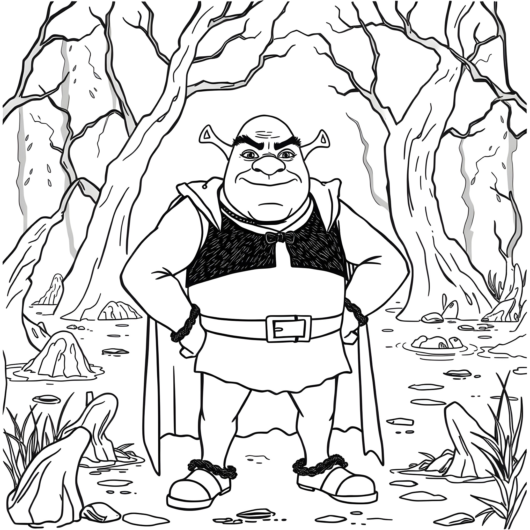 Shrek in the Enchanted Forest Coloring Page (free black-and-white line drawing printable PDF for all, from beginners to advanced learners, including children, teens, adults, and seniors)