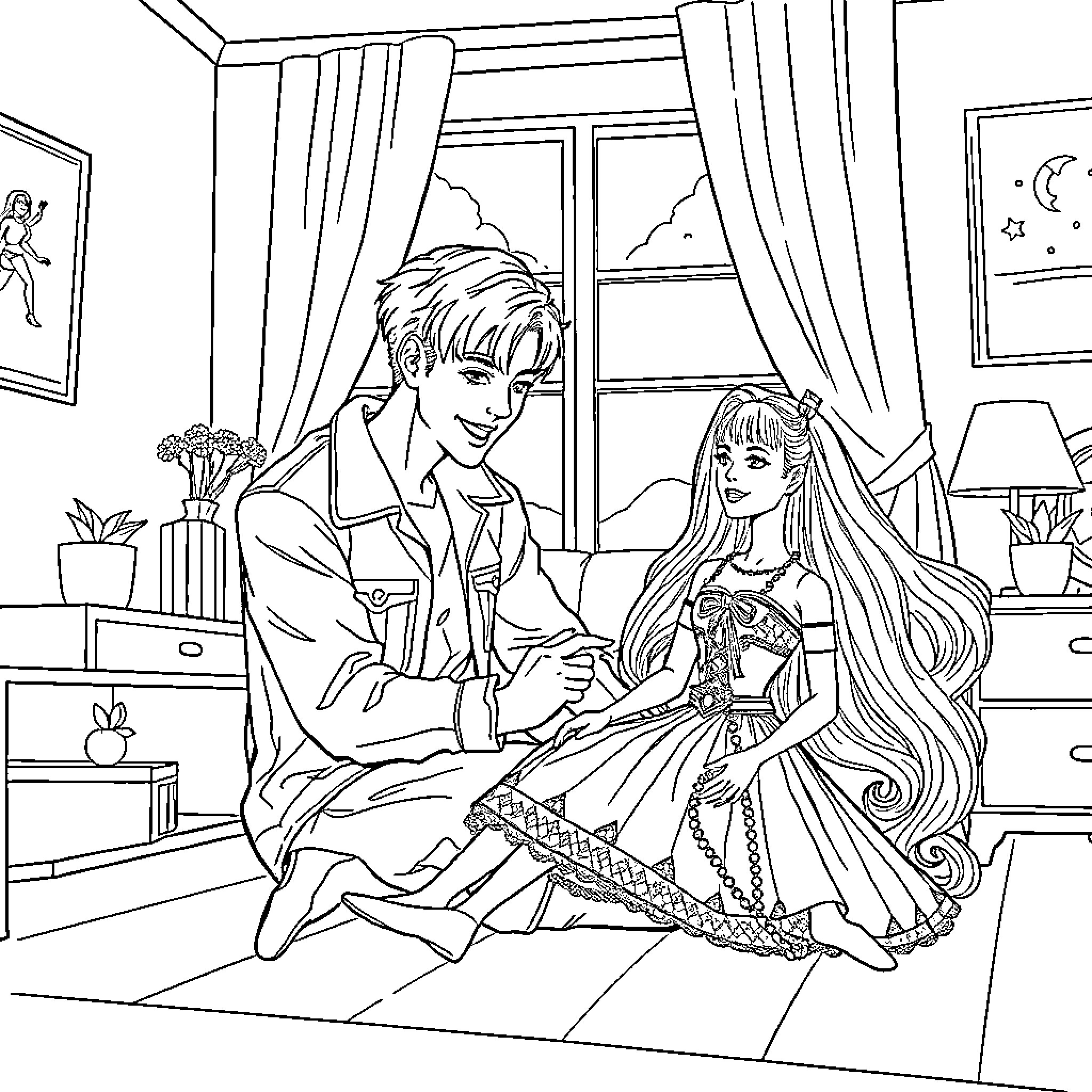 Rumi's Enchanting Moment with a Graceful Companion Coloring Page (free black-and-white line drawing printable PDF for all, from beginners to advanced learners, including children, teens, adults, and seniors)