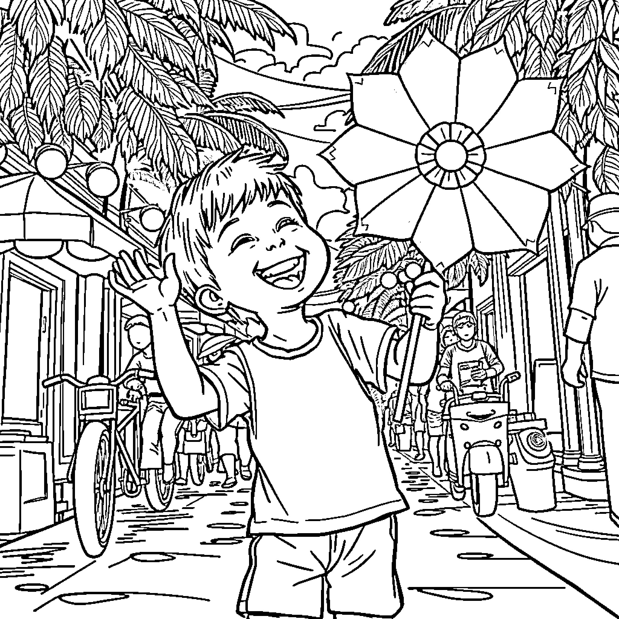 Kid playing joyfully in tropical town Coloring Page (free black-and-white line drawing printable PDF for all, from beginners to advanced learners, including children, teens, adults, and seniors)
