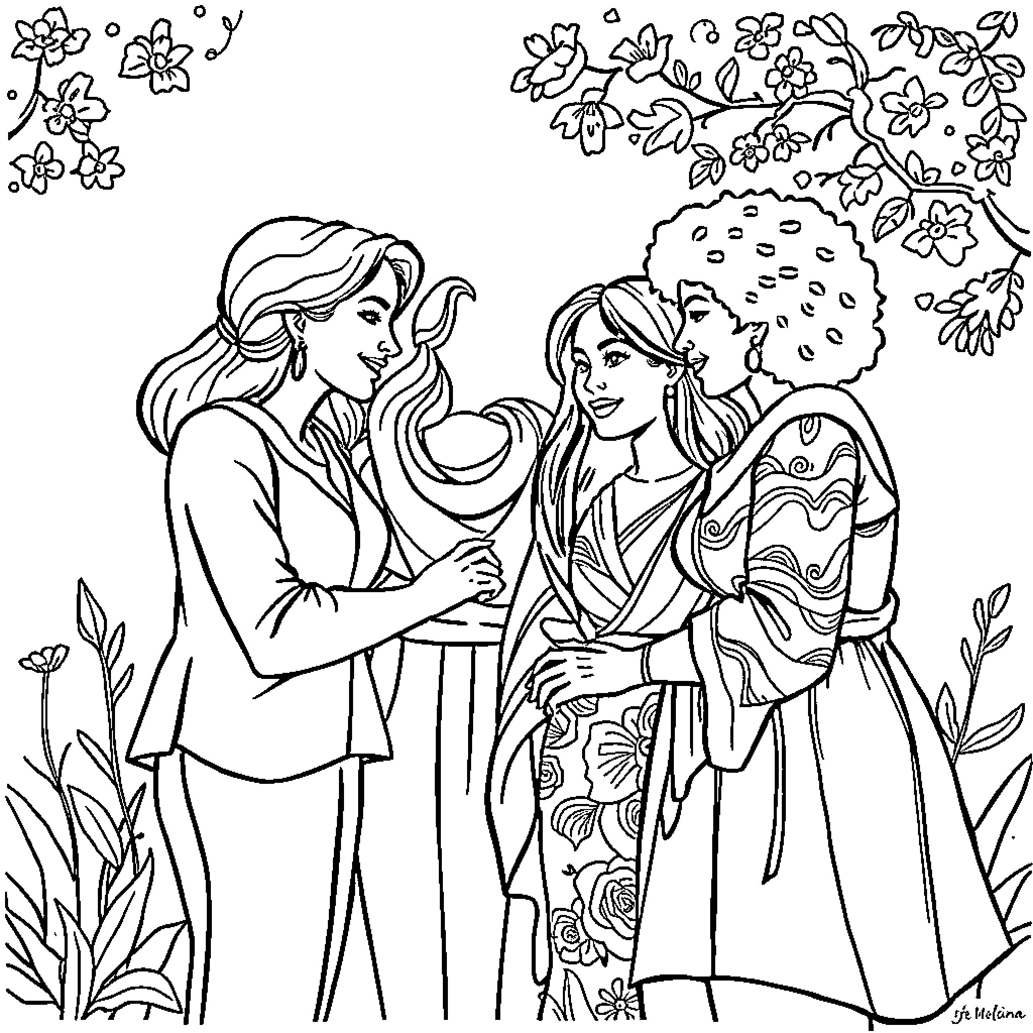 Woman in floral dress embracing another woman in garden Coloring Page (free black-and-white line drawing printable PDF for all, from beginners to advanced learners, including children, teens, adults, and seniors)