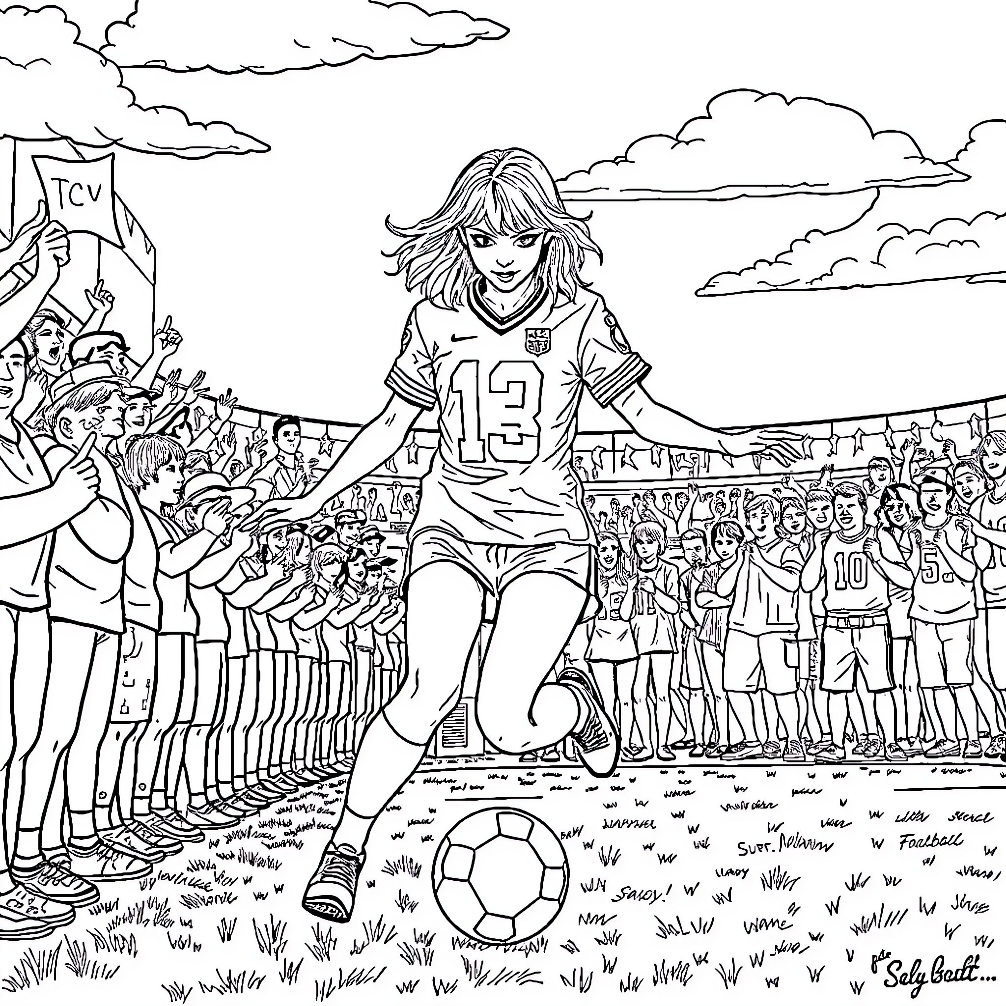 Taylor Swift cheering and playing soccer on the field Coloring Page (free black-and-white line drawing printable PDF for all, from beginners to advanced learners, including children, teens, adults, and seniors)