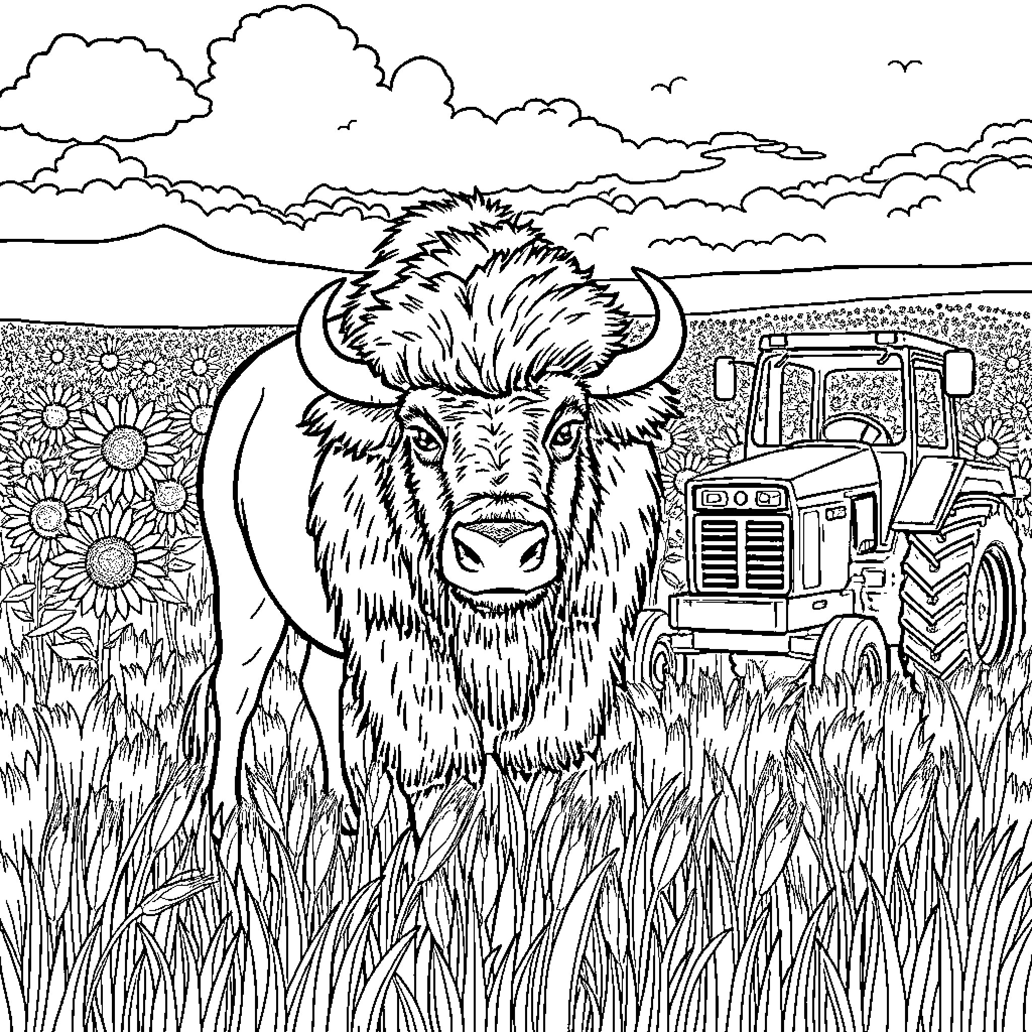 Bison grazing in a farm field with tractor Coloring Page (free black-and-white line drawing printable PDF for all, from beginners to advanced learners, including children, teens, adults, and seniors)