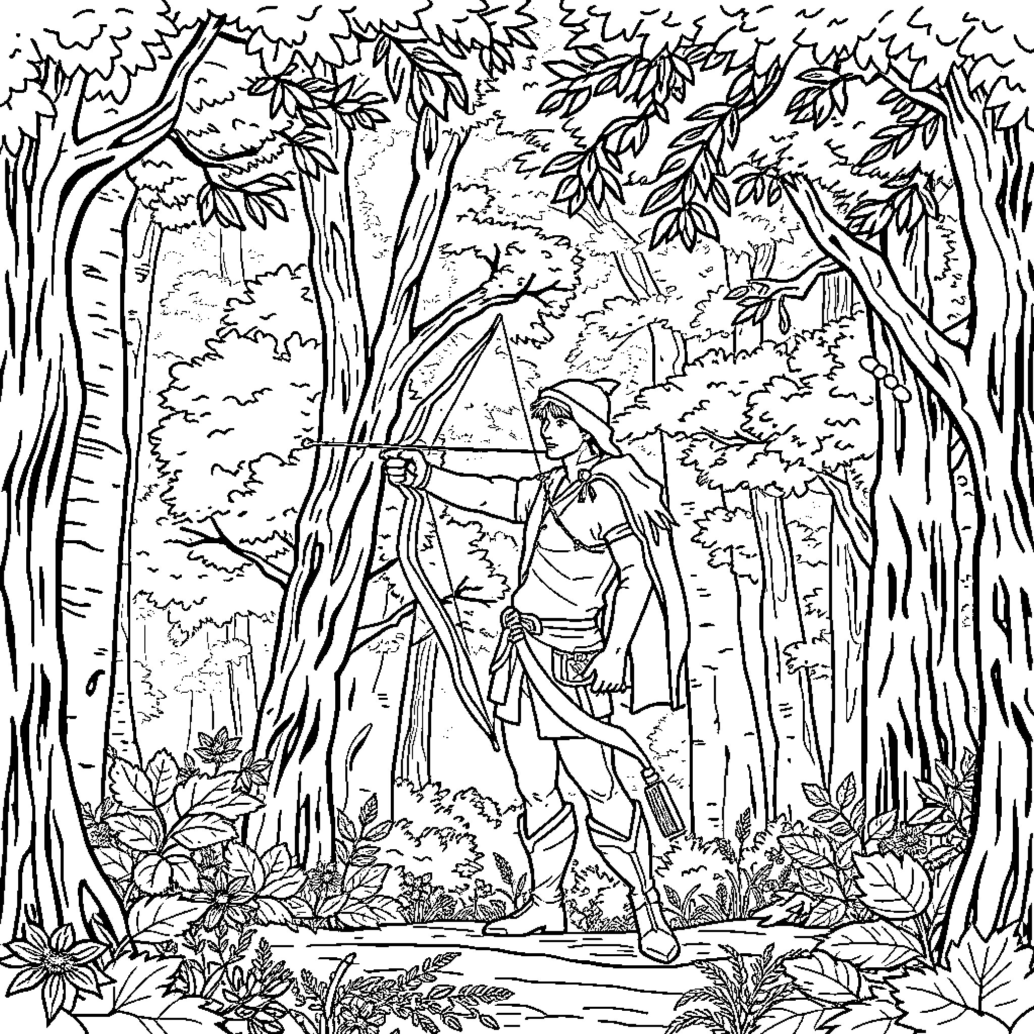 Robin exploring the enchanted forest Coloring Page (free black-and-white line drawing printable PDF for all, from beginners to advanced learners, including children, teens, adults, and seniors)