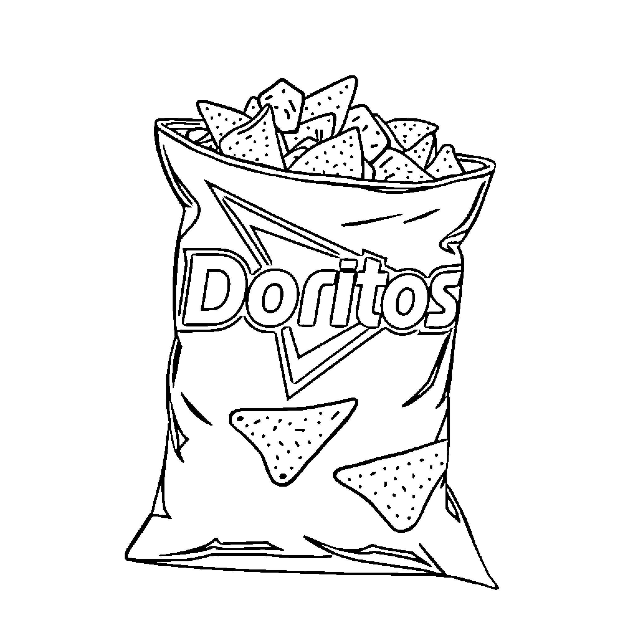 Doritos chips spilling out of the bag Coloring Page (free black-and-white line drawing printable PDF for all, from beginners to advanced learners, including children, teens, adults, and seniors)