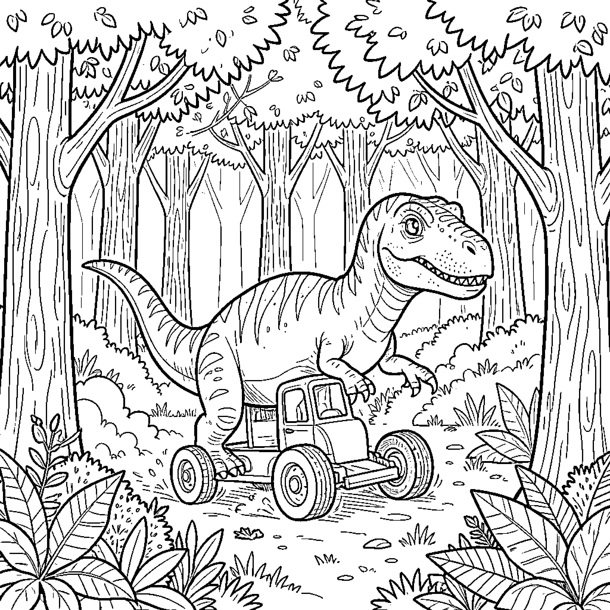 Dinosaur driving a small vehicle through a forest Coloring Page (free black-and-white line drawing printable PDF for all, from beginners to advanced learners, including children, teens, adults, and seniors)