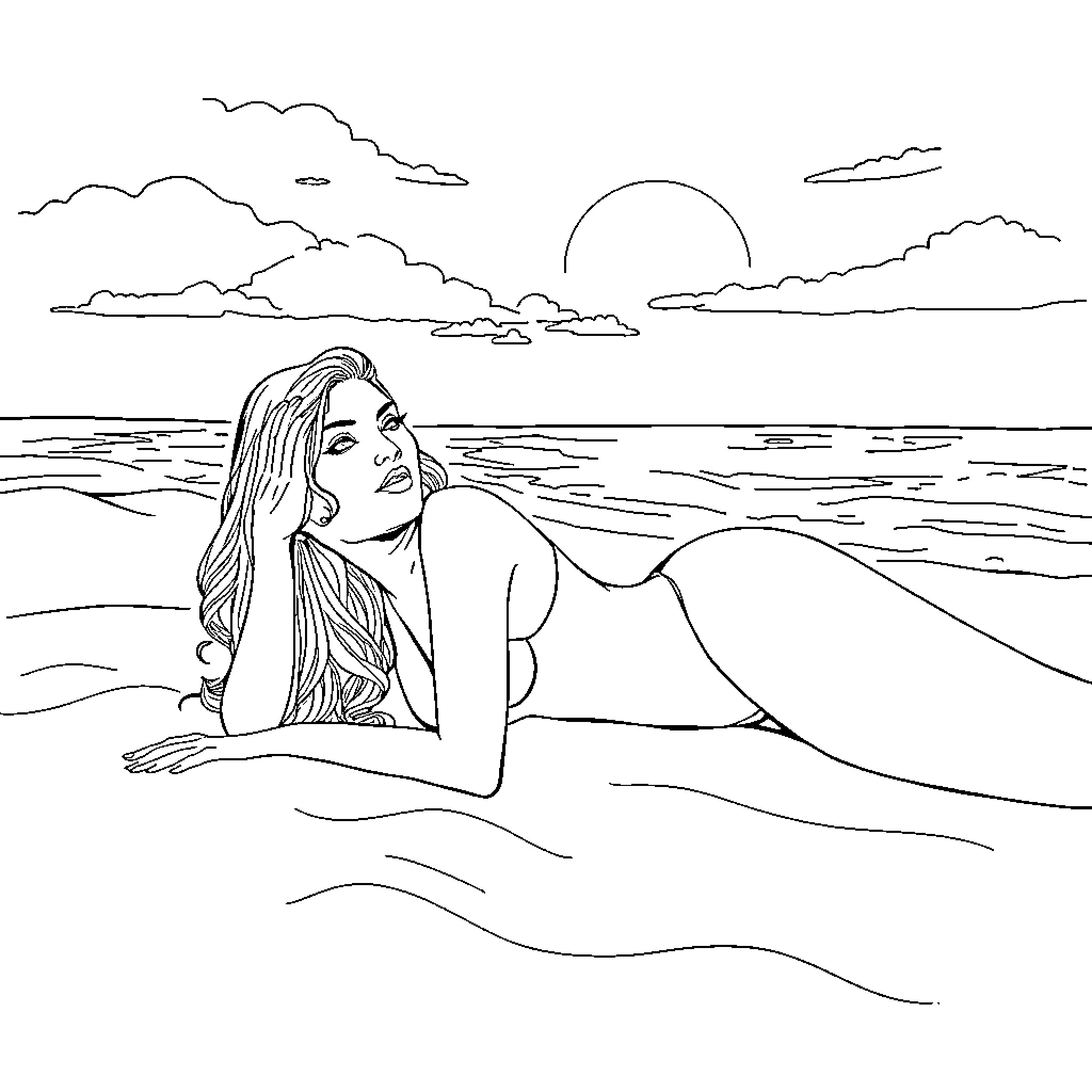 Woman relaxing on the beach during sunset Coloring Page (free black-and-white line drawing printable PDF for all, from beginners to advanced learners, including children, teens, adults, and seniors)