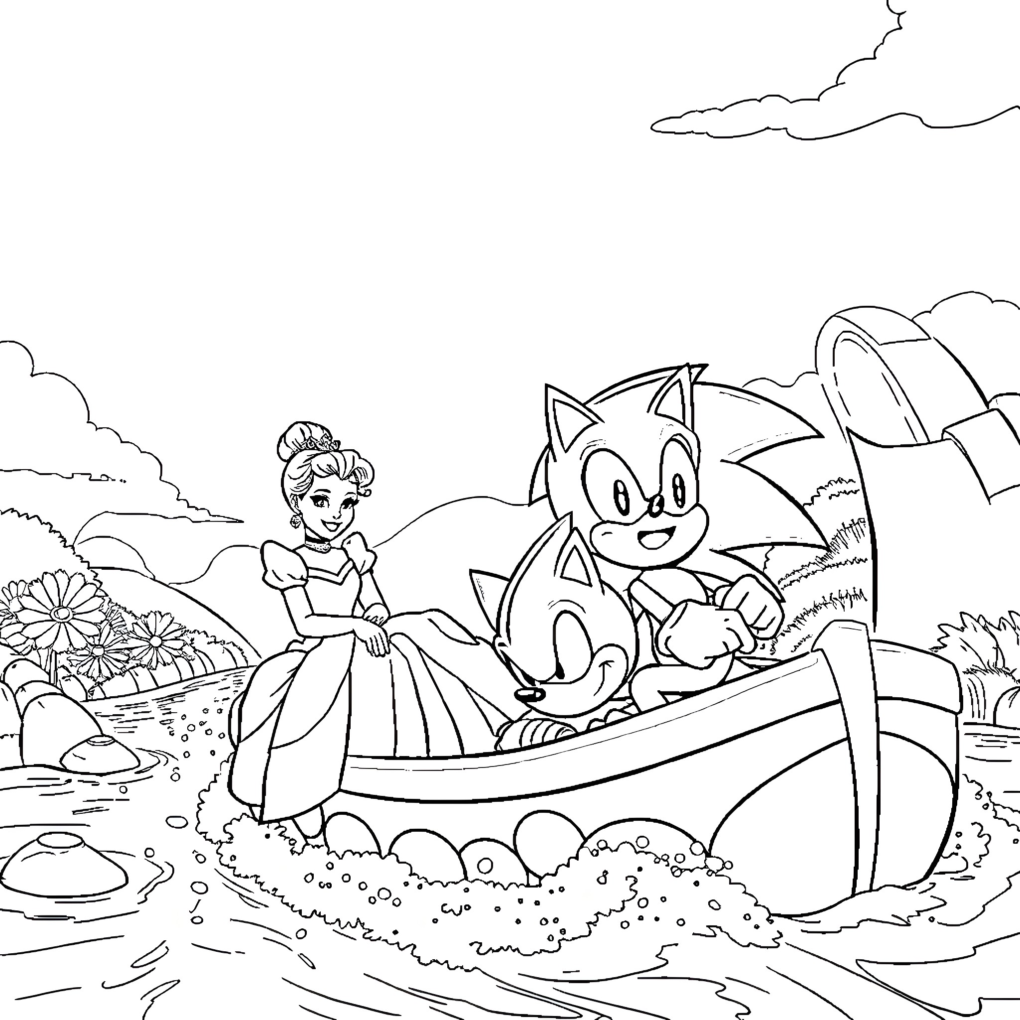 Cinderella enjoying a boat ride with Sonic the Hedgehog Coloring Page (free black-and-white line drawing printable PDF for all, from beginners to advanced learners, including children, teens, adults, and seniors)