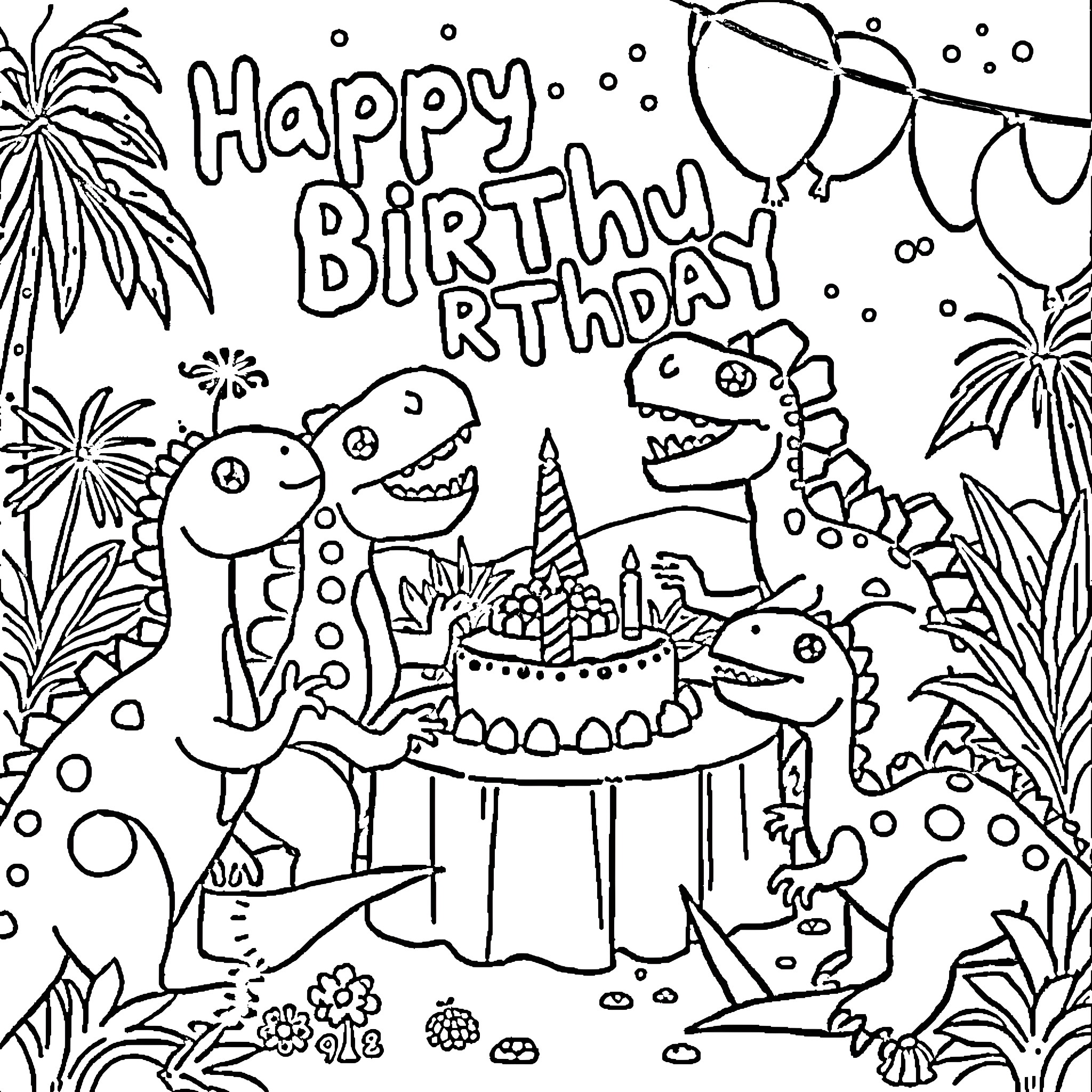 Dinosaur birthday party with balloons and cake Coloring Page (free black-and-white line drawing printable PDF for all, from beginners to advanced learners, including children, teens, adults, and seniors)