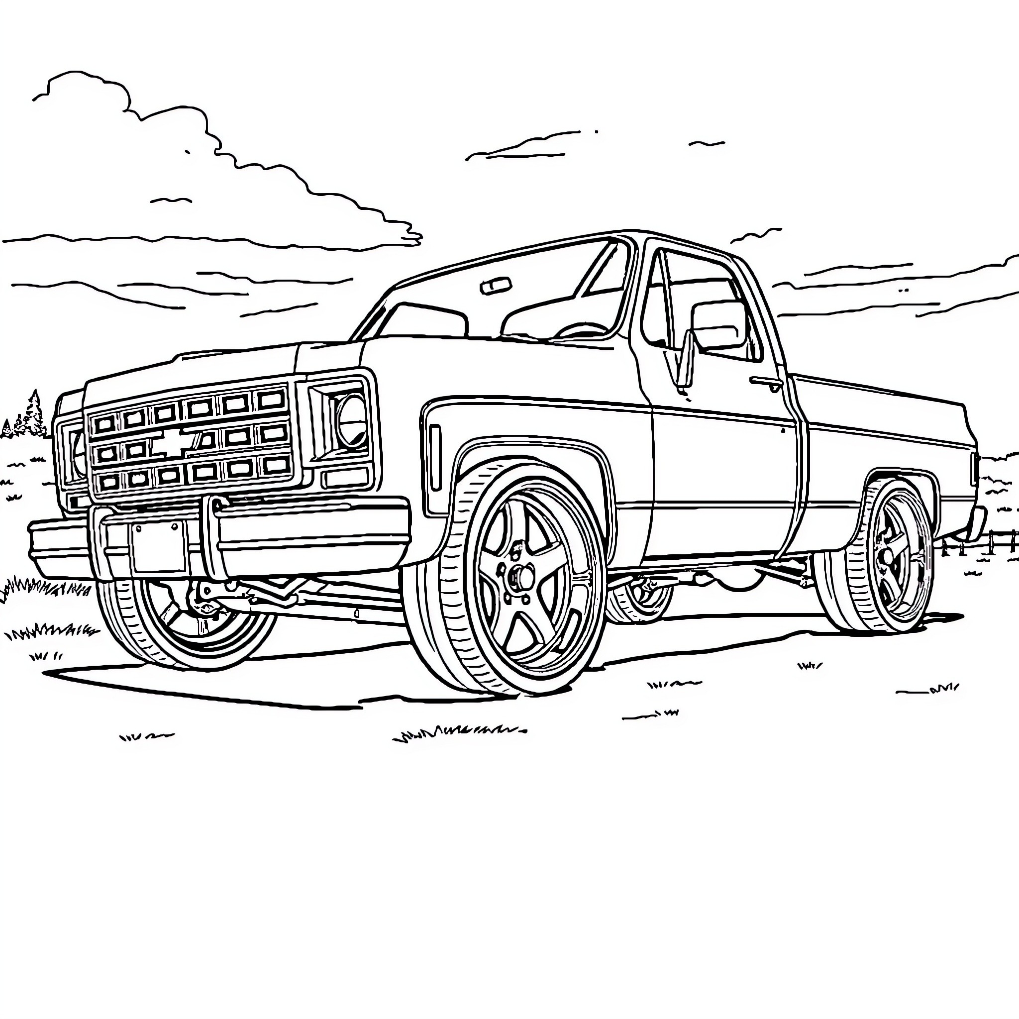 Chevy Pickup parked in a scenic outdoor setting Coloring Page (free black-and-white line drawing printable PDF for all, from beginners to advanced learners, including children, teens, adults, and seniors)