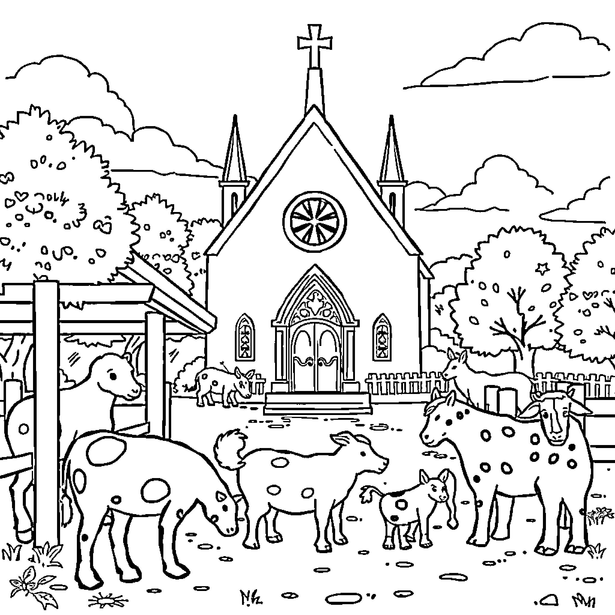 Petting Zoo with Animals outside a Church Coloring Page (free black-and-white line drawing printable PDF for all, from beginners to advanced learners, including children, teens, adults, and seniors)