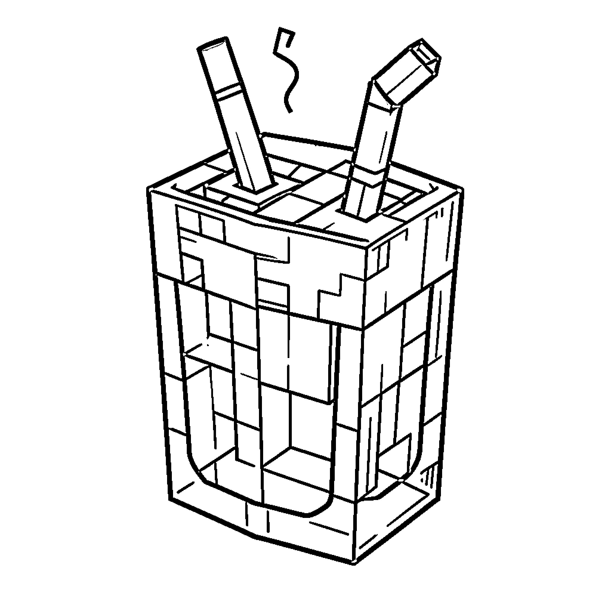 Minecraft style beverage glass with two straws Coloring Page (free black-and-white line drawing printable PDF for all, from beginners to advanced learners, including children, teens, adults, and seniors)