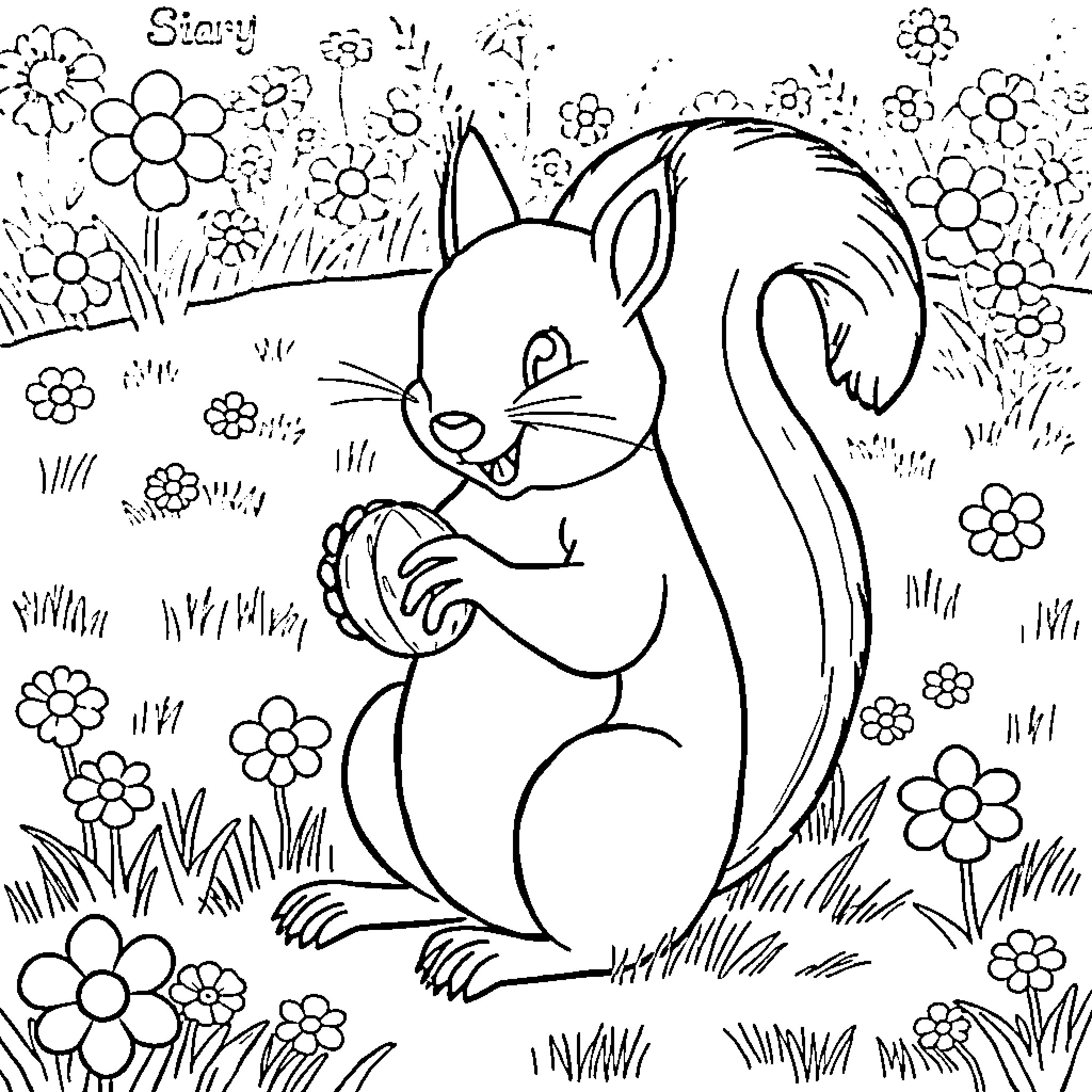 Squirrel in a flower-filled meadow Coloring Page (free black-and-white line drawing printable PDF for all, from beginners to advanced learners, including children, teens, adults, and seniors)