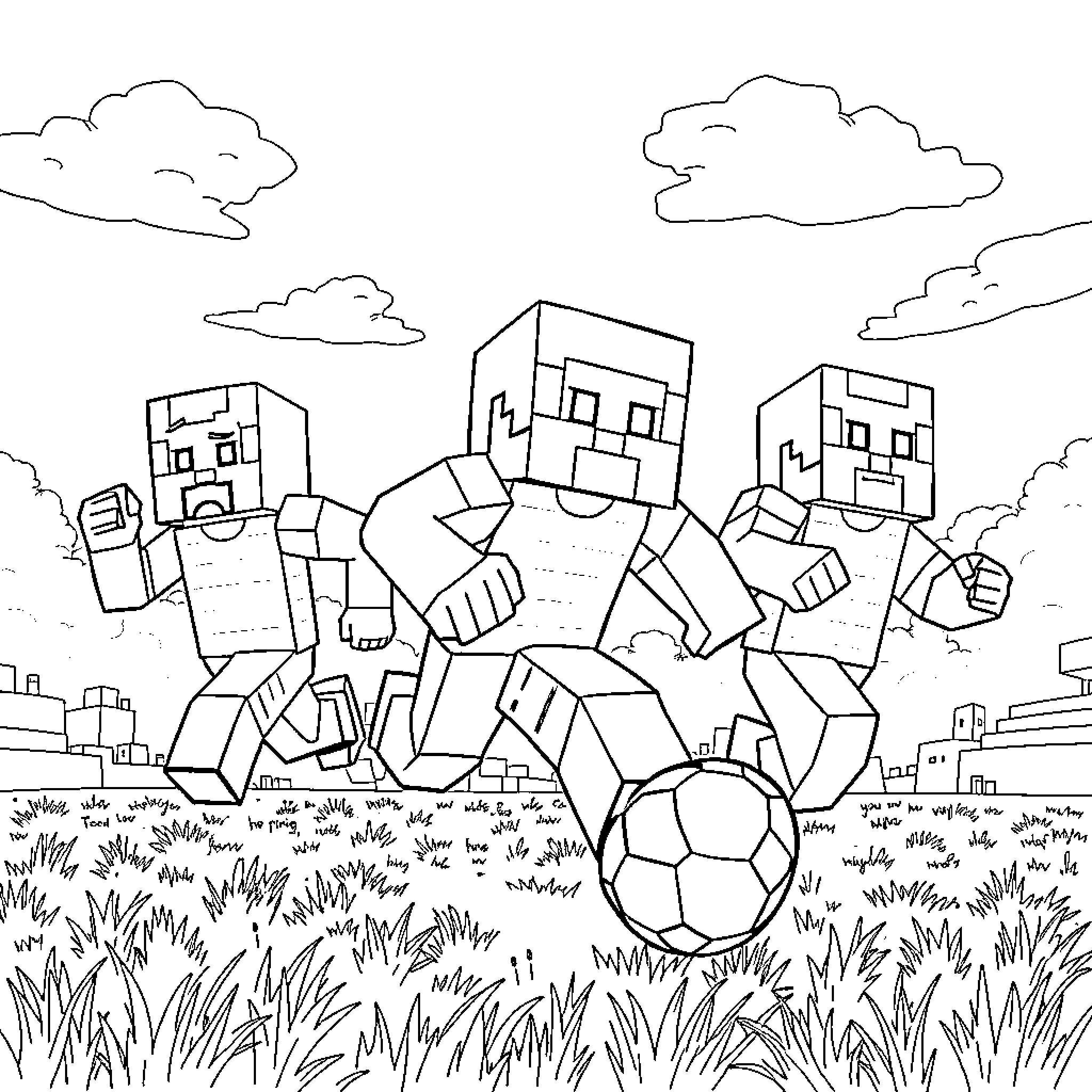 Minecraft Characters Playing Soccer in a Grassy Field Coloring Page (free black-and-white line drawing printable PDF for all, from beginners to advanced learners, including children, teens, adults, and seniors)