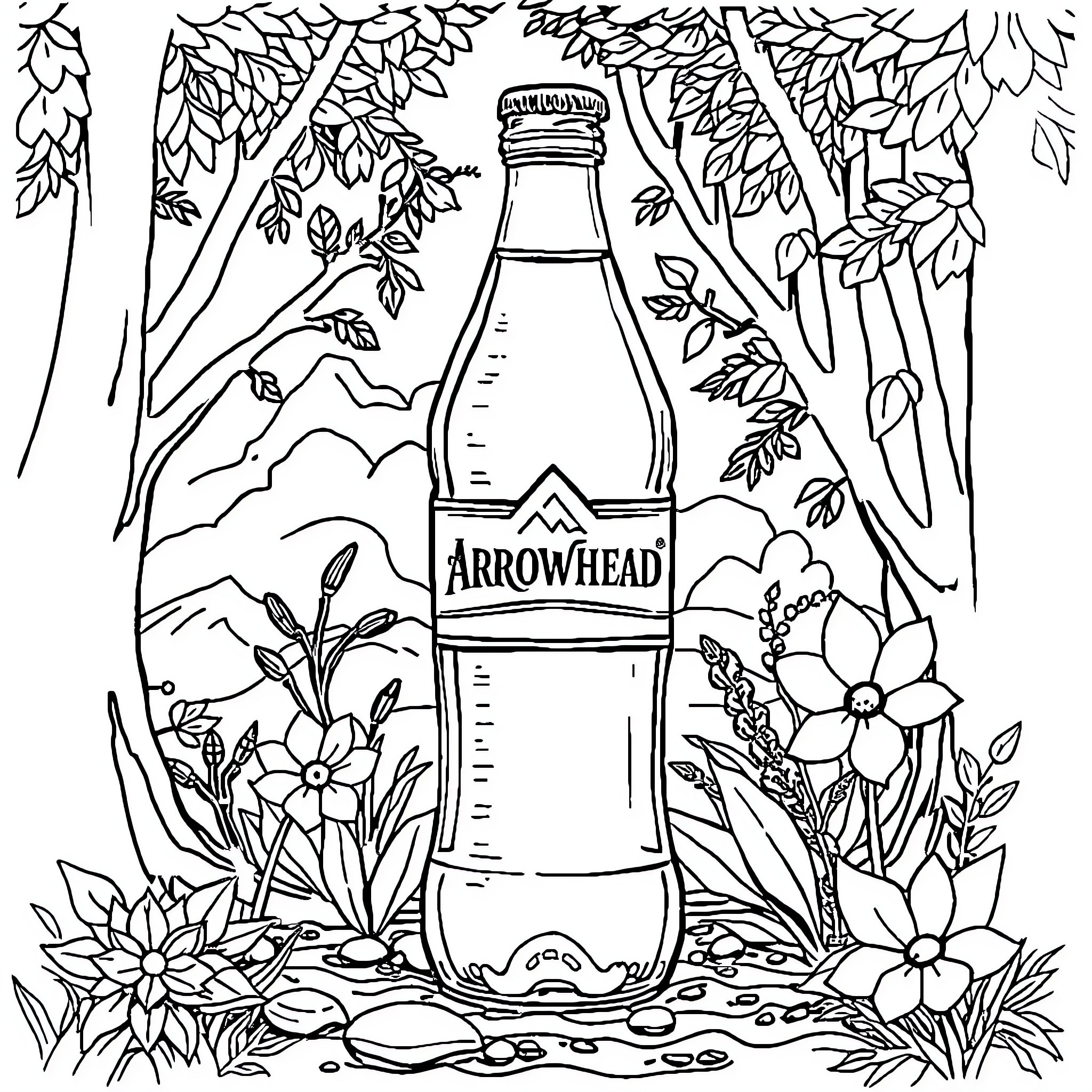 Arrowhead bottle in a lush floral forest scene Coloring Page (free black-and-white line drawing printable PDF for all, from beginners to advanced learners, including children, teens, adults, and seniors)