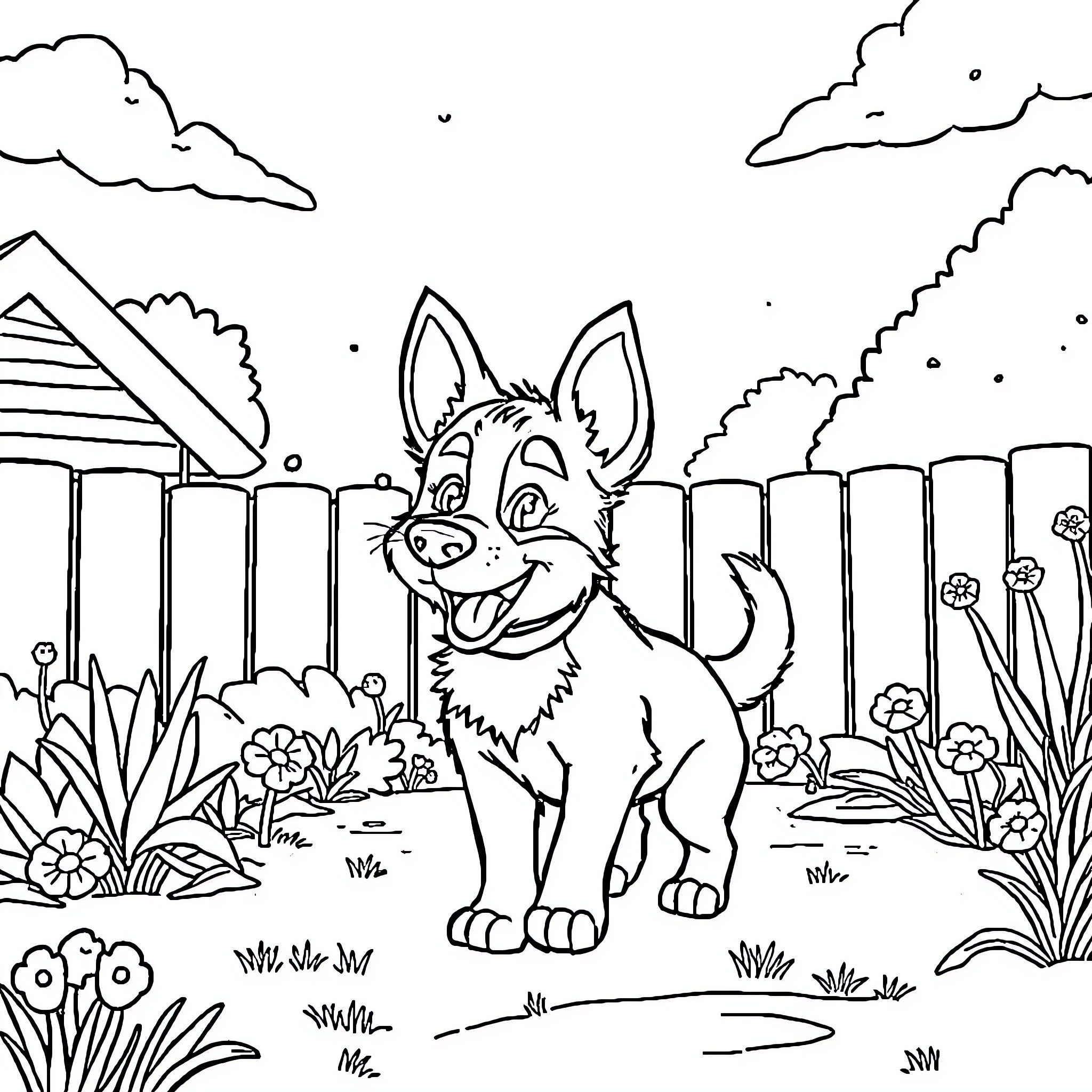 Bluey playing joyfully in the backyard Coloring Page (free black-and-white line drawing printable PDF for all, from beginners to advanced learners, including children, teens, adults, and seniors)