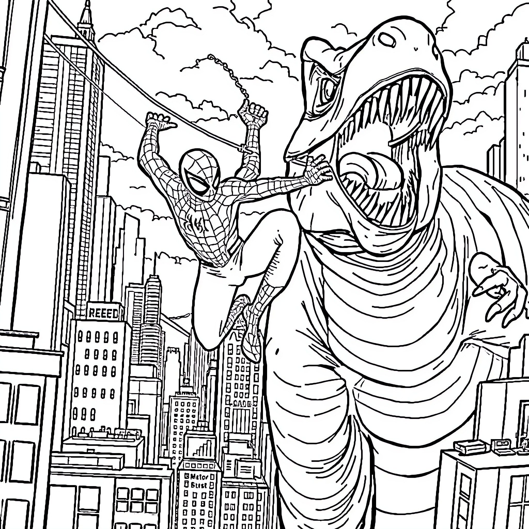 Spidey battles giant monster in the city Coloring Page (free black-and-white line drawing printable PDF for all, from beginners to advanced learners, including children, teens, adults, and seniors)