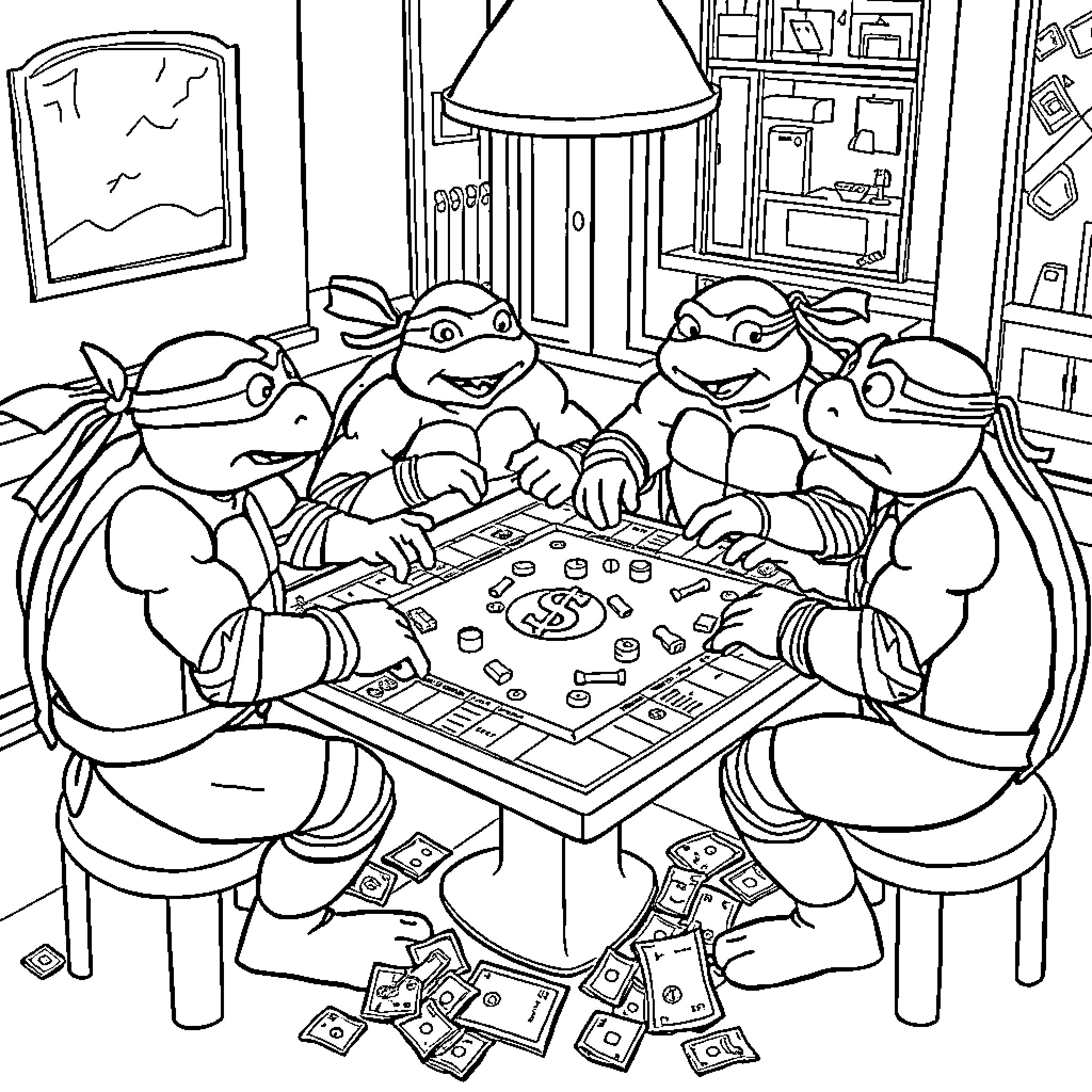 Teenage Mutant Ninja Turtles playing board game together Coloring Page (free black-and-white line drawing printable PDF for all, from beginners to advanced learners, including children, teens, adults, and seniors)