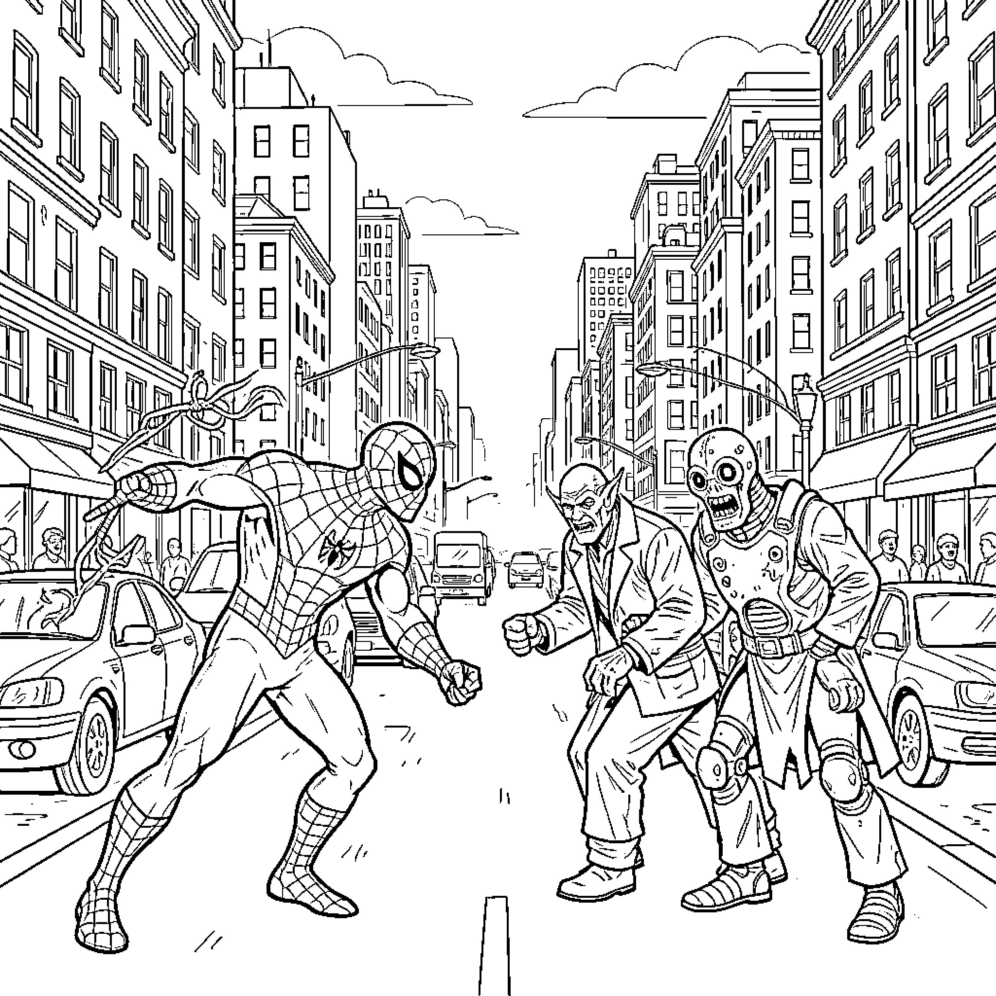 Spider-Man battling villains on a busy city street Coloring Page (free black-and-white line drawing printable PDF for all, from beginners to advanced learners, including children, teens, adults, and seniors)