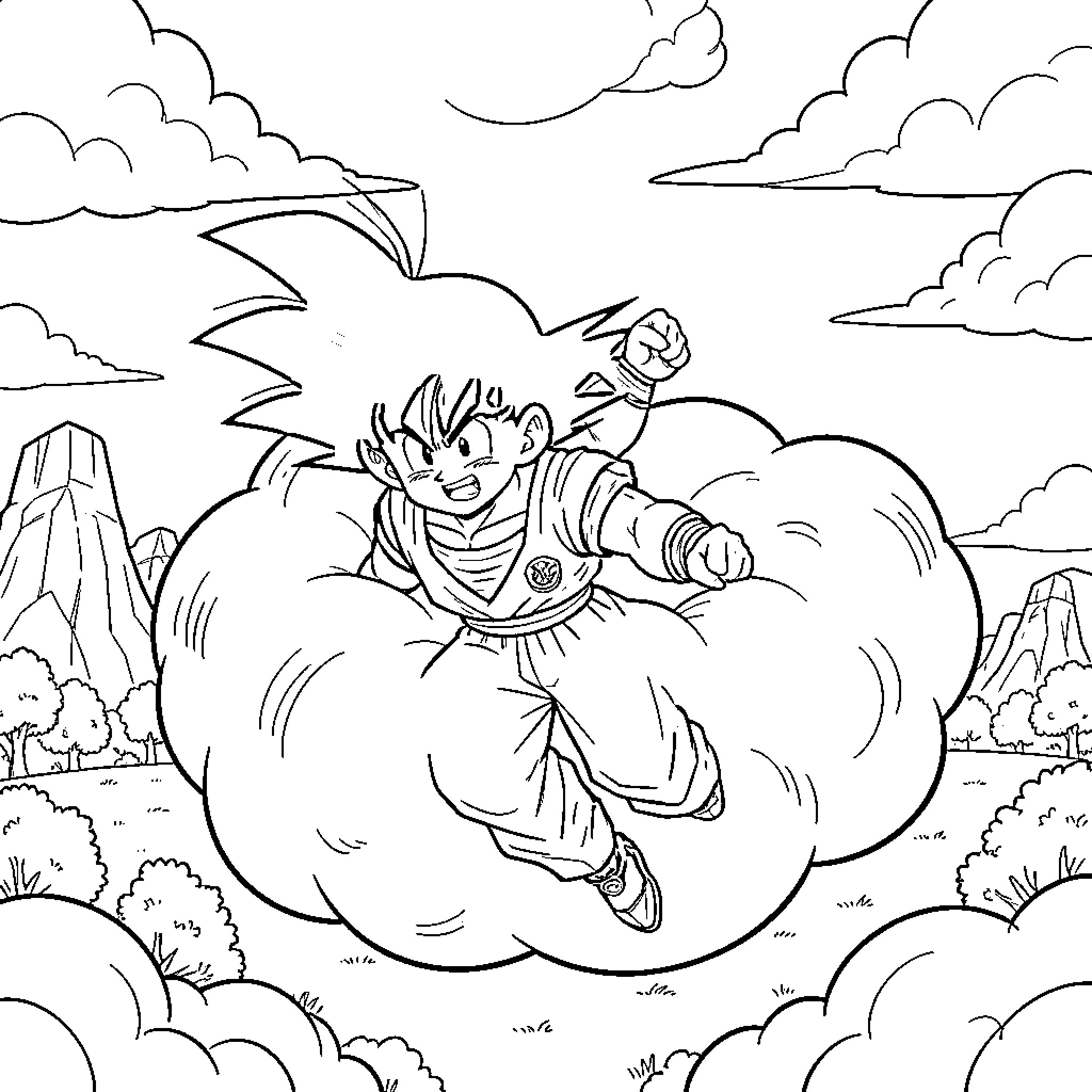 Dragon Ball Character Soaring Through the Clouds Coloring Page (free black-and-white line drawing printable PDF for all, from beginners to advanced learners, including children, teens, adults, and seniors)