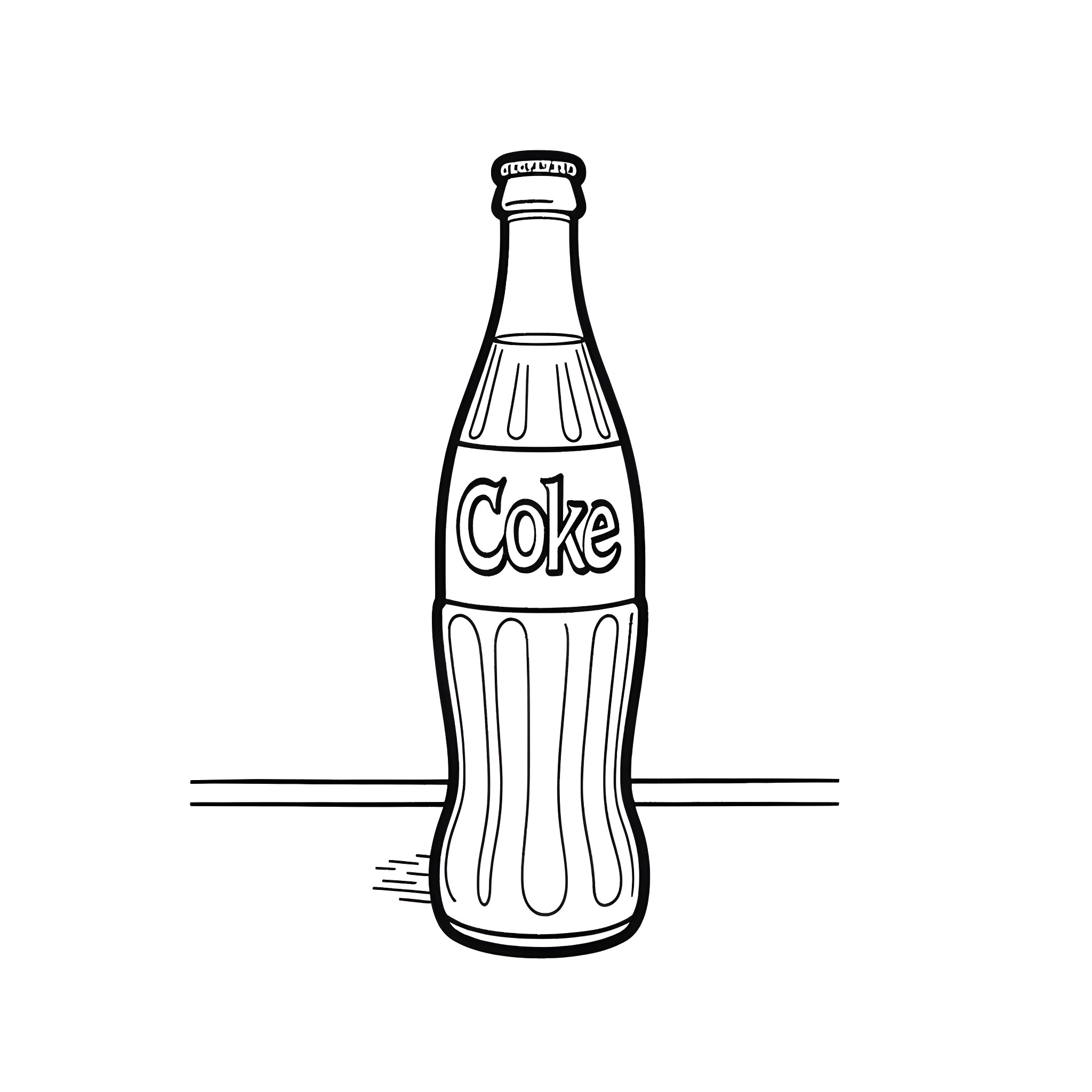 Coke bottle in monochrome line art Coloring Page (free black-and-white line drawing printable PDF for all, from beginners to advanced learners, including children, teens, adults, and seniors)