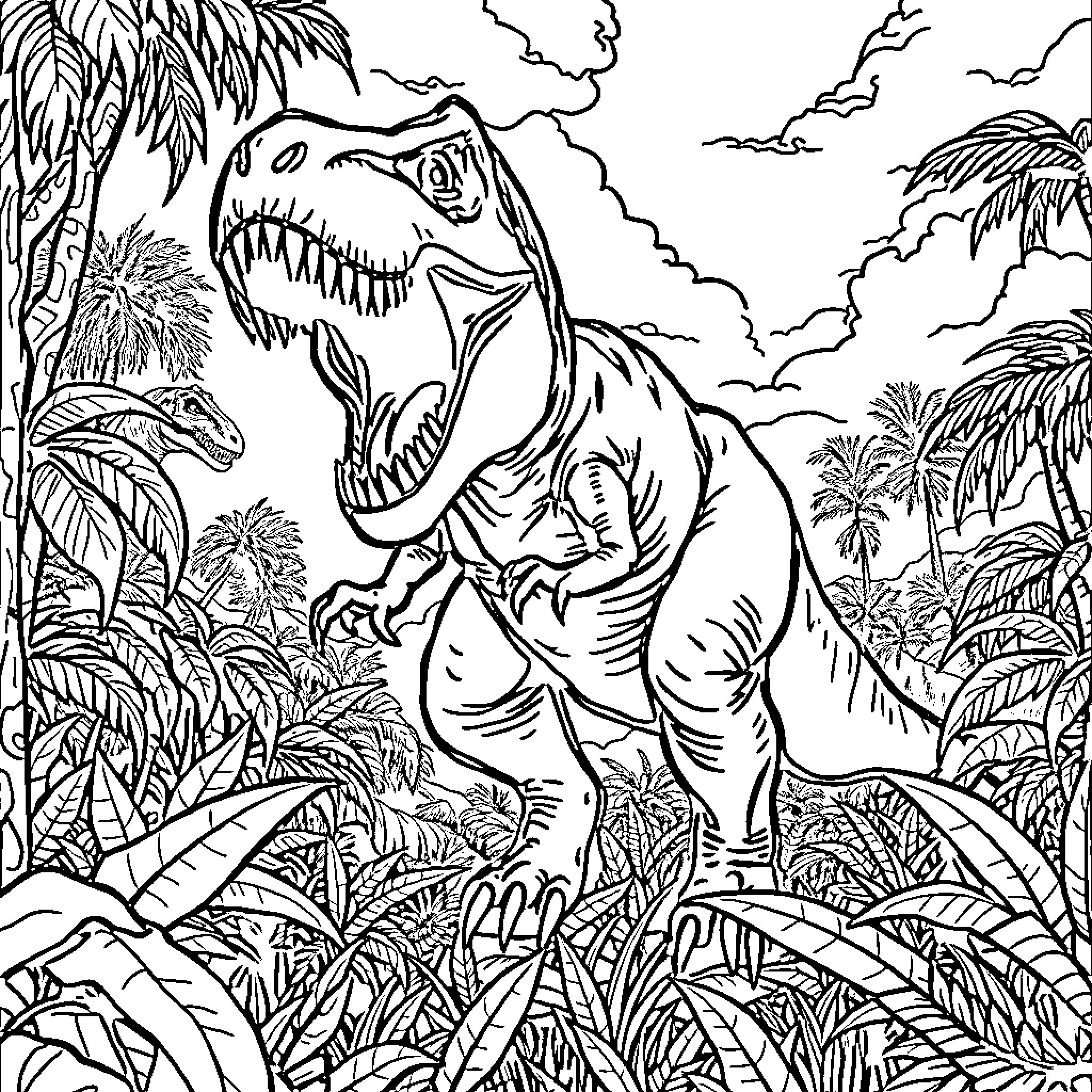 Indominus Rex Roaring Fiercely in Lush Jungle Coloring Page (free black-and-white line drawing printable PDF for all, from beginners to advanced learners, including children, teens, adults, and seniors)