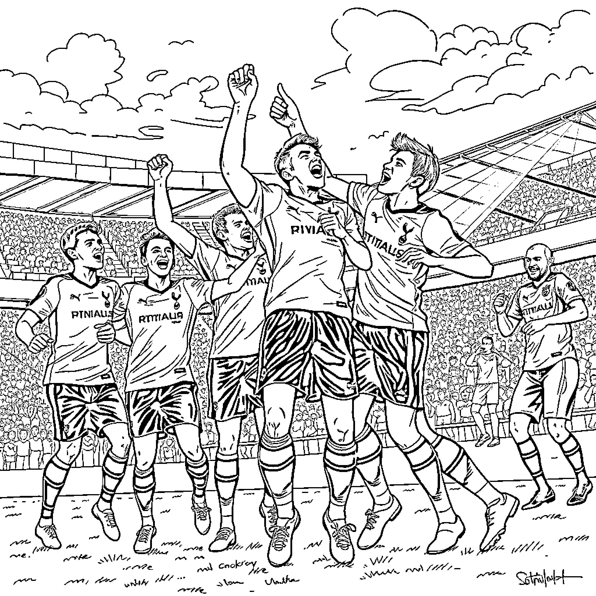 Tottenham Hotspur players celebrating victory on the pitch Coloring Page (free black-and-white line drawing printable PDF for all, from beginners to advanced learners, including children, teens, adults, and seniors)