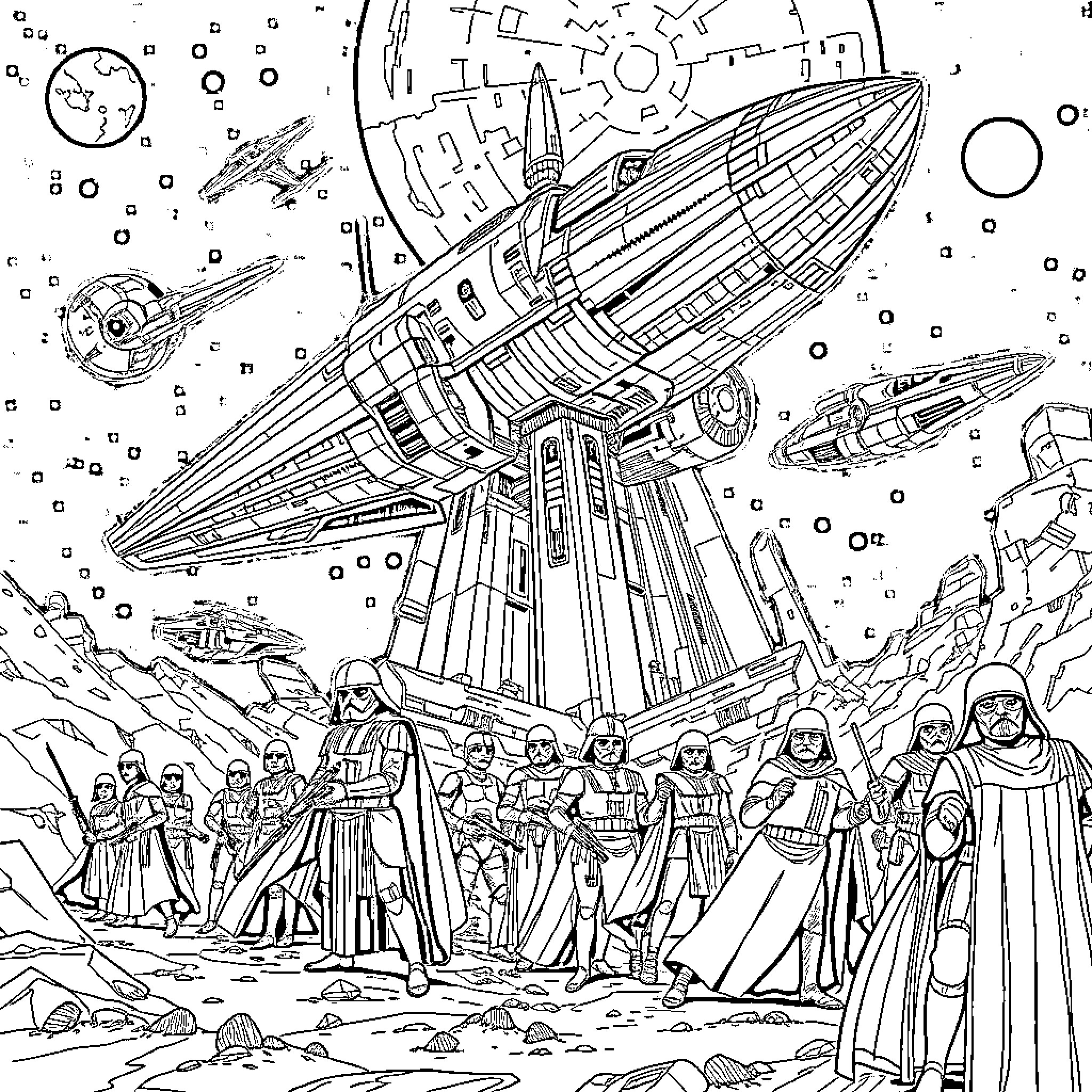 Empire of Intergalactic Space Exploration Coloring Page (free black-and-white line drawing printable PDF for all, from beginners to advanced learners, including children, teens, adults, and seniors)