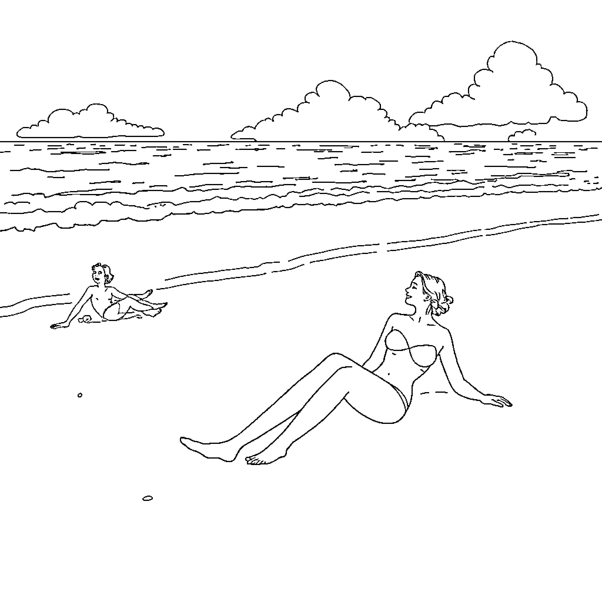 Man and Woman Relaxing at Beach Coloring Page (free black-and-white line drawing printable PDF for all, from beginners to advanced learners, including children, teens, adults, and seniors)