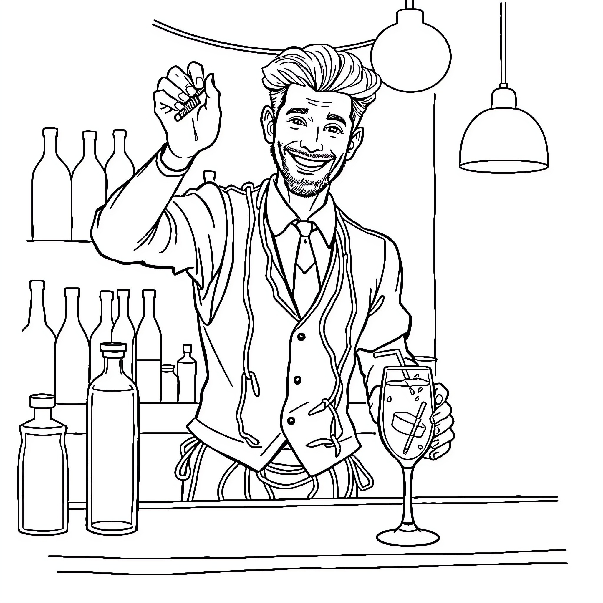 Barman mixing cocktails at the bar Coloring Page (free black-and-white line drawing printable PDF for all, from beginners to advanced learners, including children, teens, adults, and seniors)