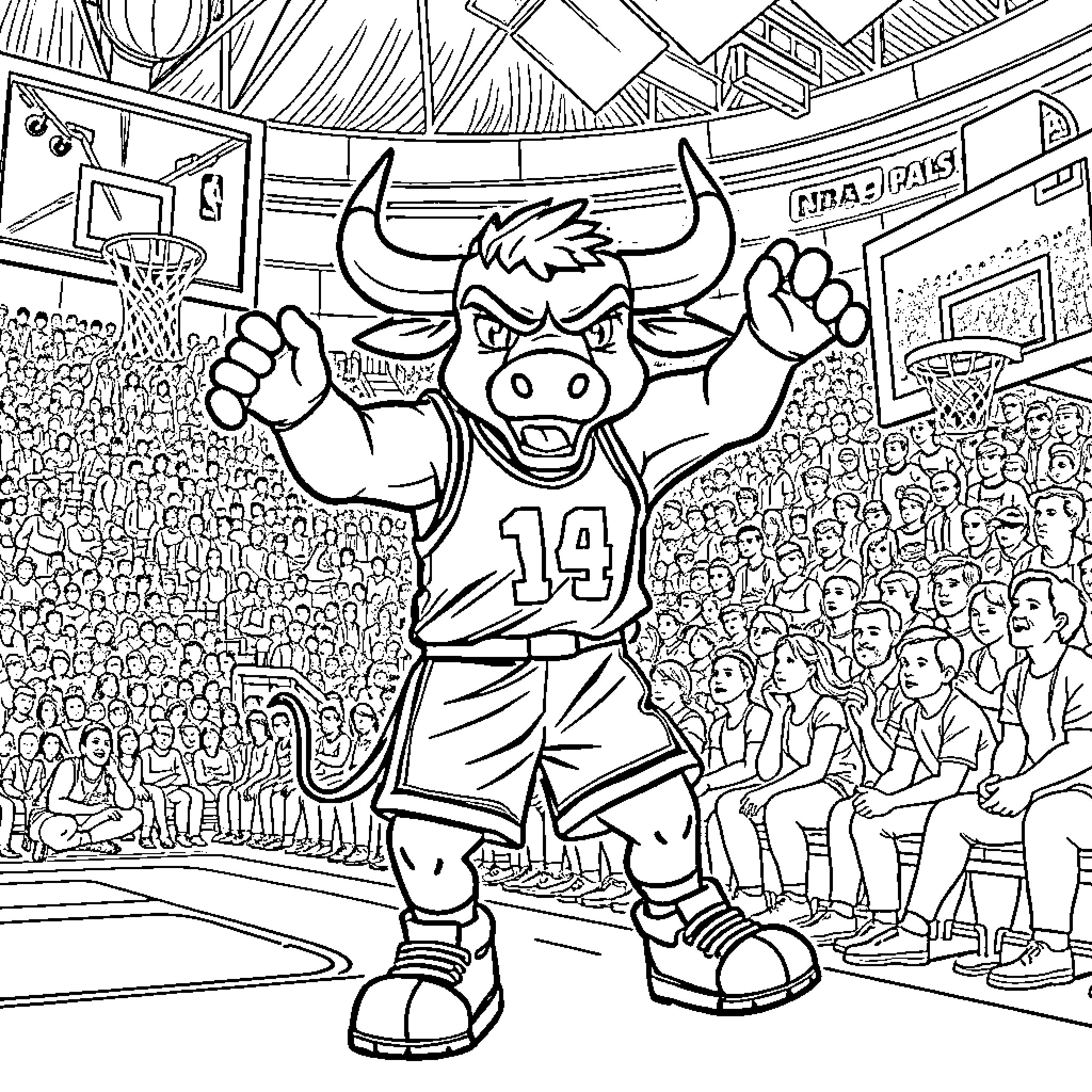 Benny the Bull's Energetic Basketball Game Coloring Page (free black-and-white line drawing printable PDF for all, from beginners to advanced learners, including children, teens, adults, and seniors)