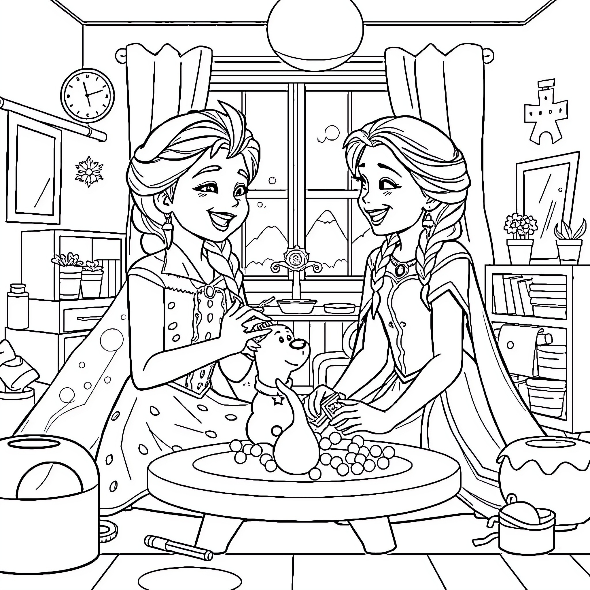 Elsa and Anna baking together in the kitchen Coloring Page (free black-and-white line drawing printable PDF for all, from beginners to advanced learners, including children, teens, adults, and seniors)