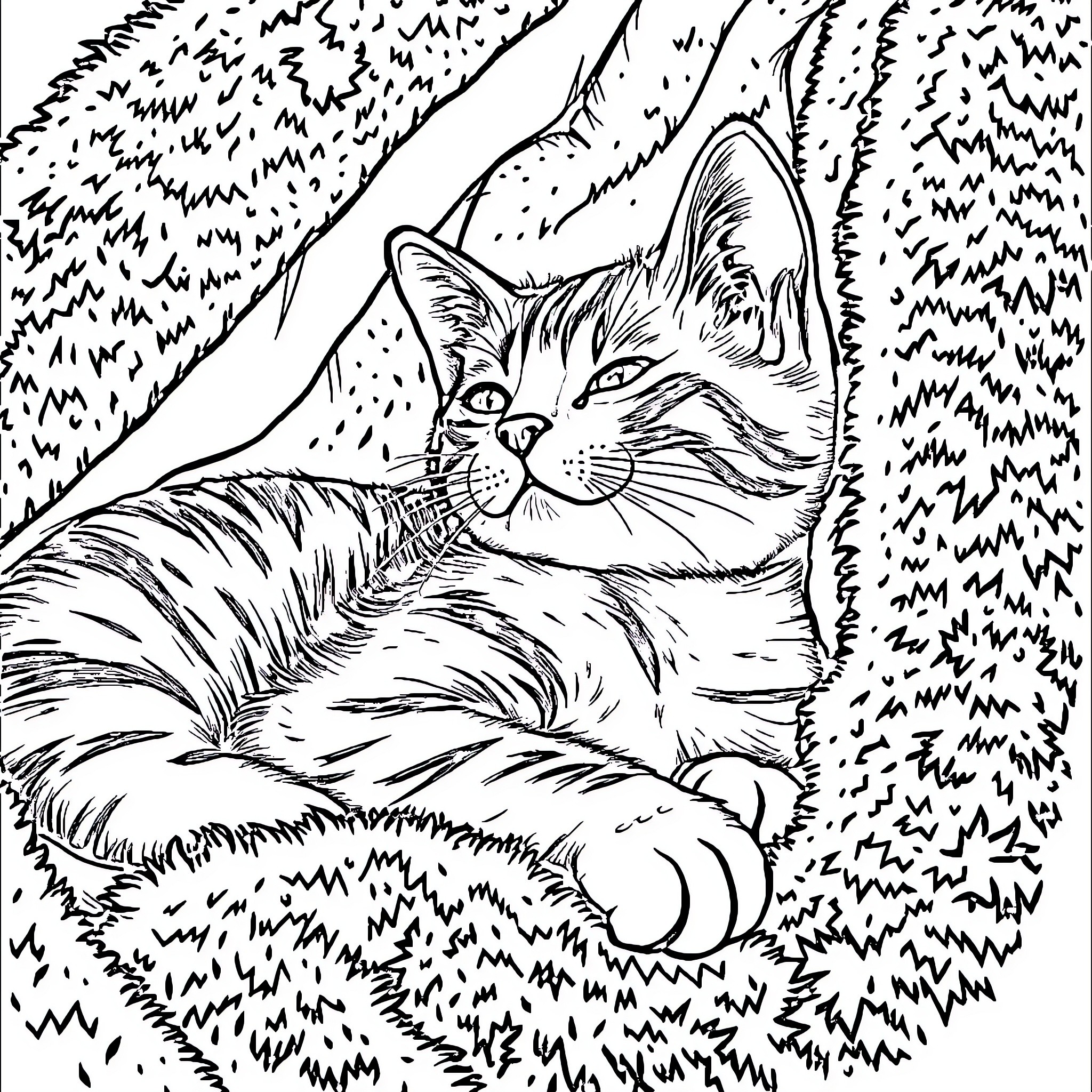 Cat relaxing in the wilderness Coloring Page (free black-and-white line drawing printable PDF for all, from beginners to advanced learners, including children, teens, adults, and seniors)