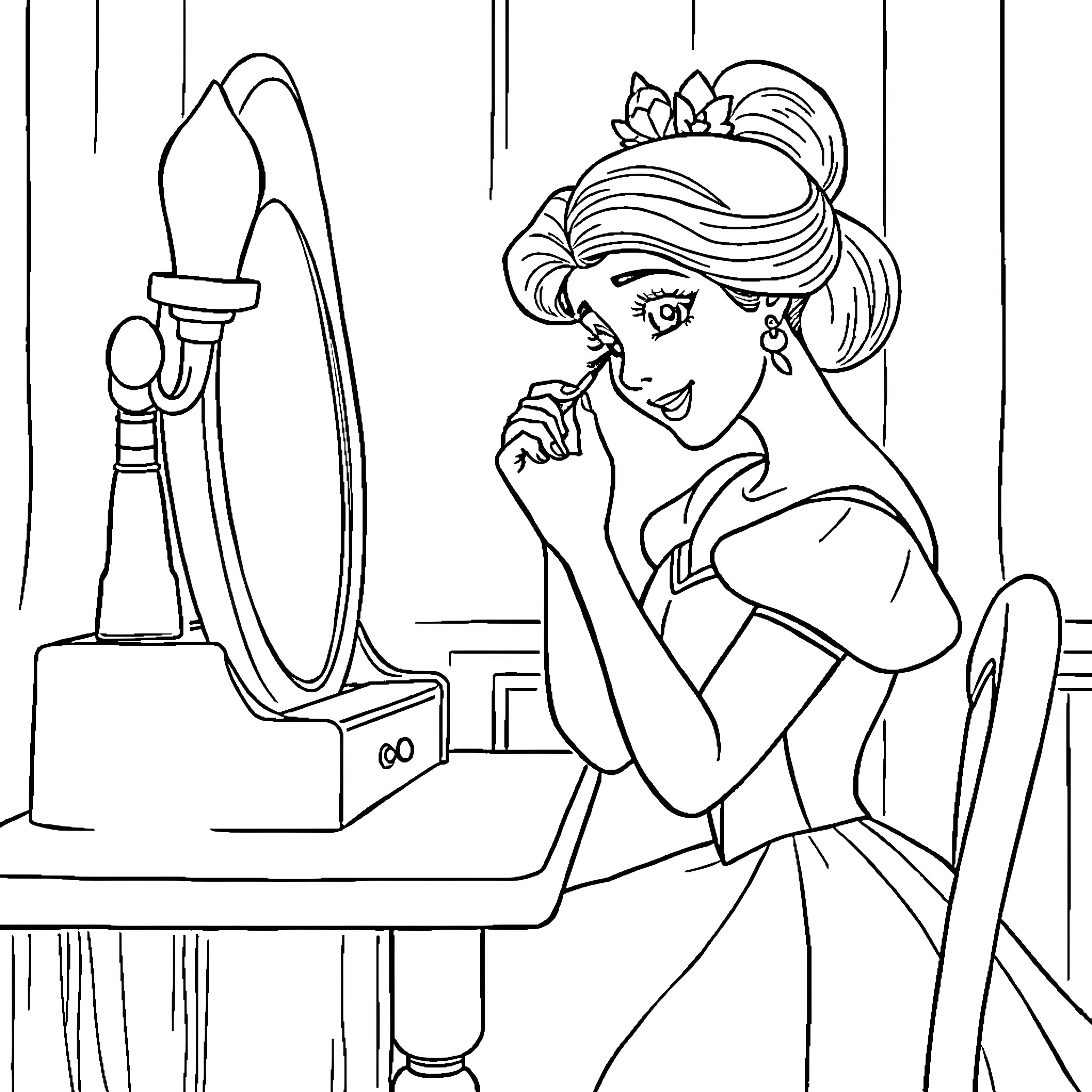 Princess Brushing Her Hair in Front of a Mirror Coloring Page (free black-and-white line drawing printable PDF for all, from beginners to advanced learners, including children, teens, adults, and seniors)