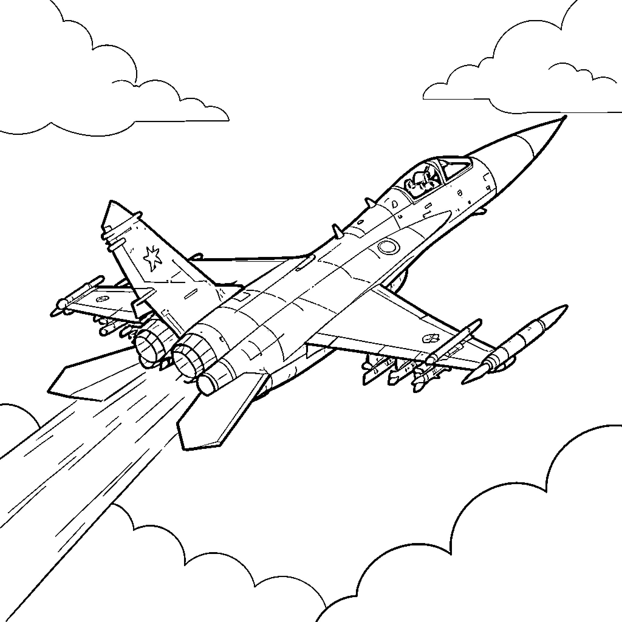 Mig 29 jet flying through the clouds Coloring Page (free black-and-white line drawing printable PDF for all, from beginners to advanced learners, including children, teens, adults, and seniors)