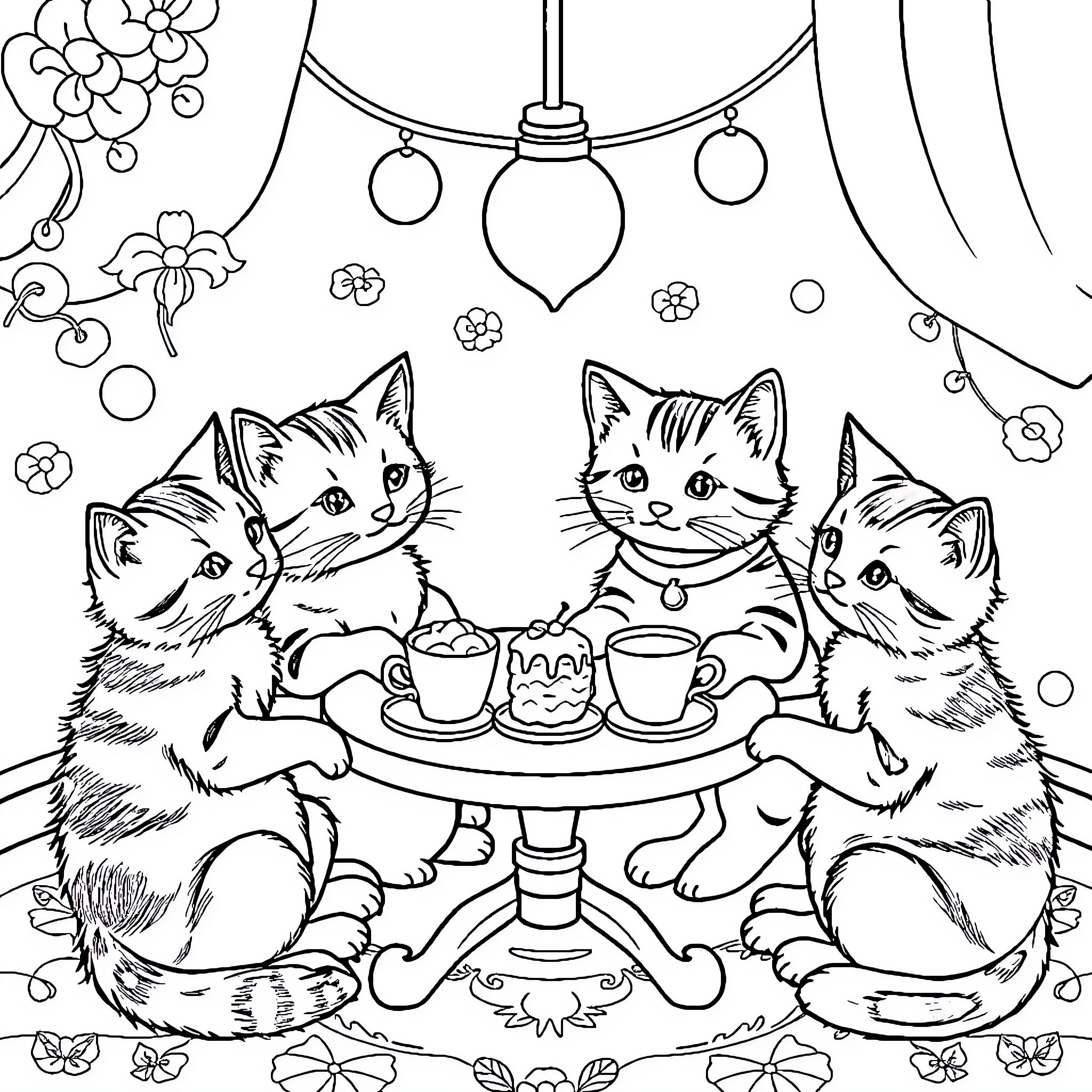 Cat Tea Party with Kittens Coloring Page (free black-and-white line drawing printable PDF for all, from beginners to advanced learners, including children, teens, adults, and seniors)