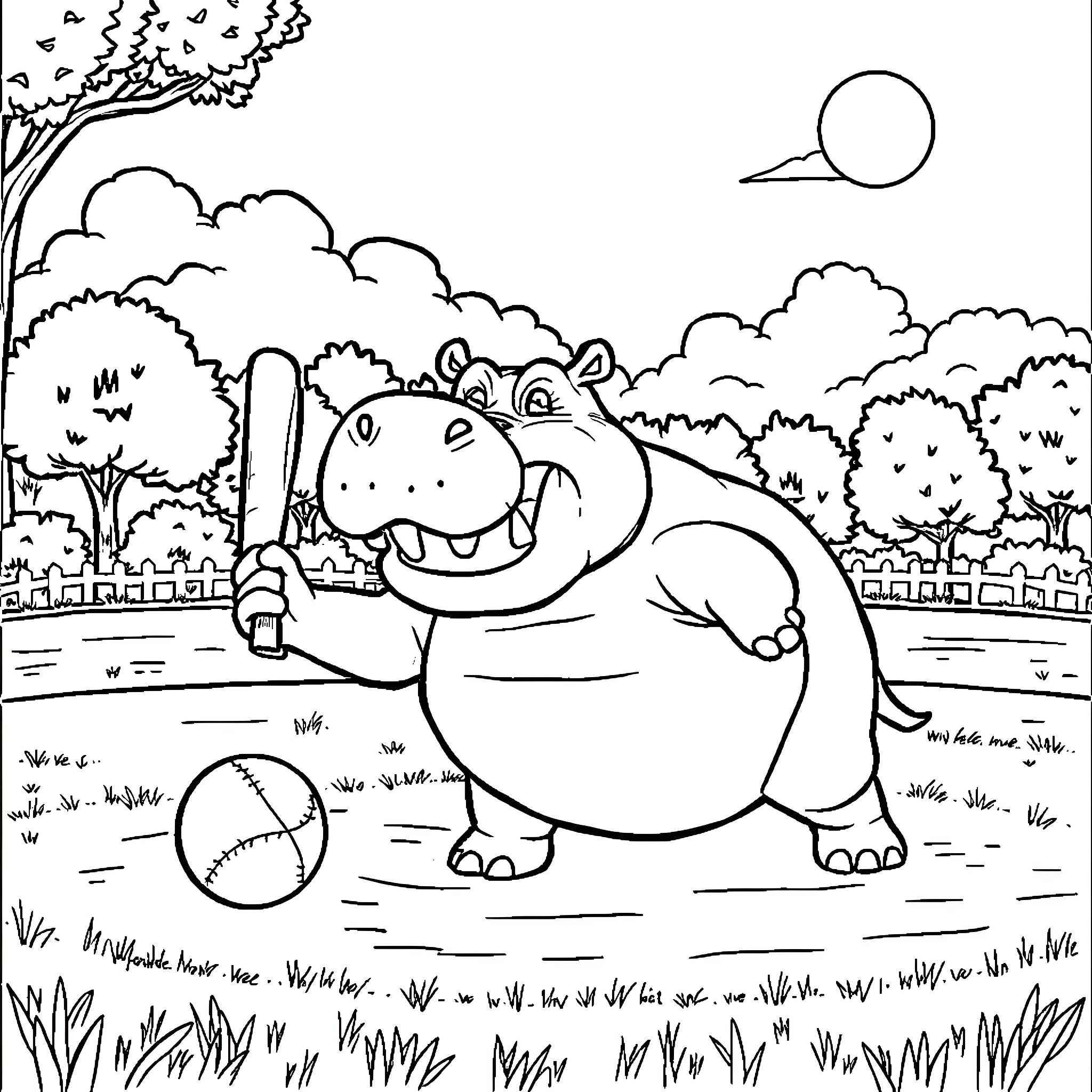 Hippo playing with ball in the park Coloring Page (free black-and-white line drawing printable PDF for all, from beginners to advanced learners, including children, teens, adults, and seniors)