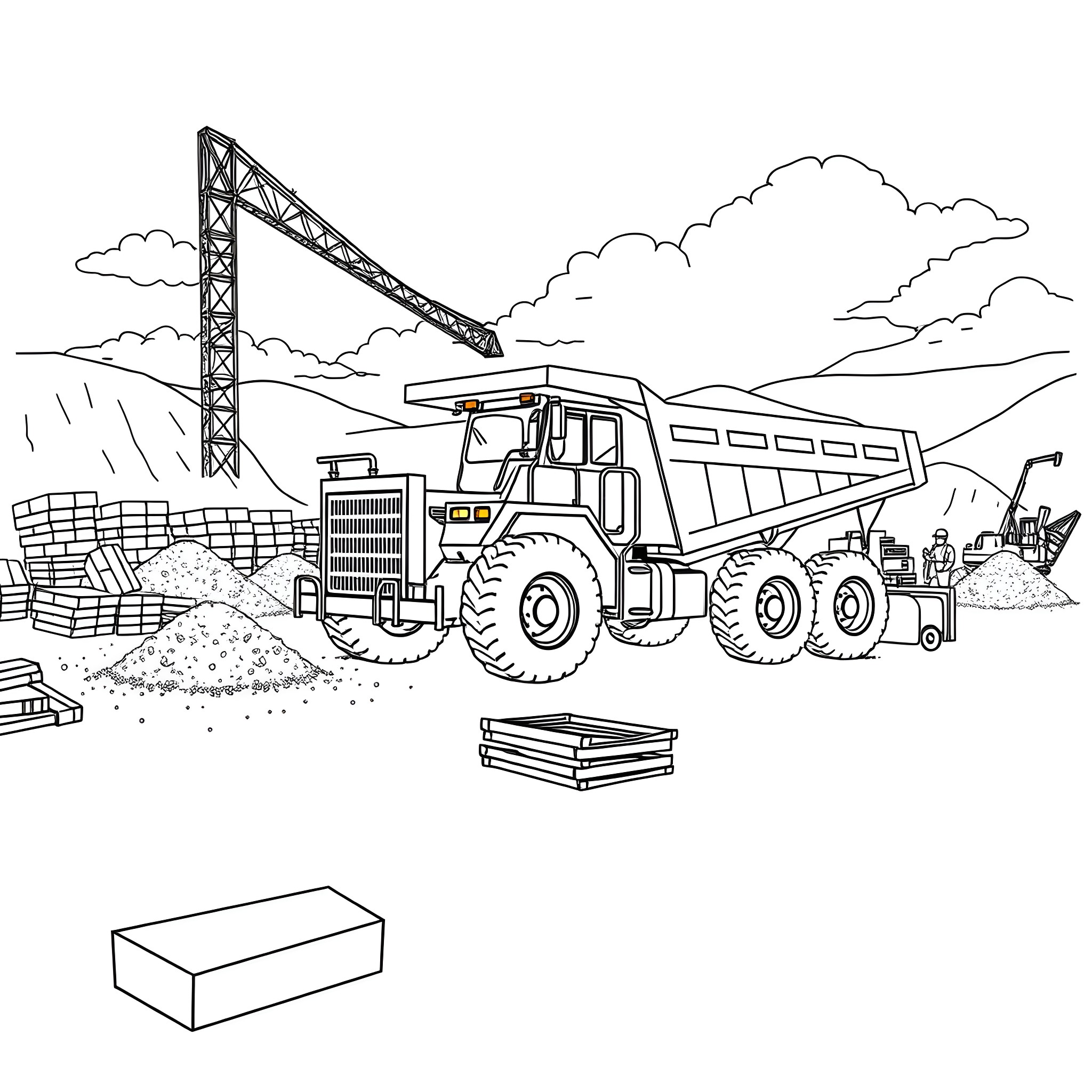 Dump Trailer Unloading Construction Materials at Site Coloring Page (free black-and-white line drawing printable PDF for all, from beginners to advanced learners, including children, teens, adults, and seniors)