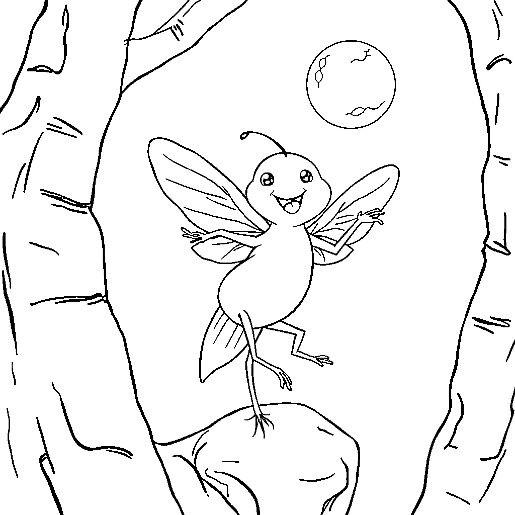 Pumpkin-shaped fairy in the moonlit forest Coloring Page (free black-and-white line drawing printable PDF for all, from beginners to advanced learners, including children, teens, adults, and seniors)