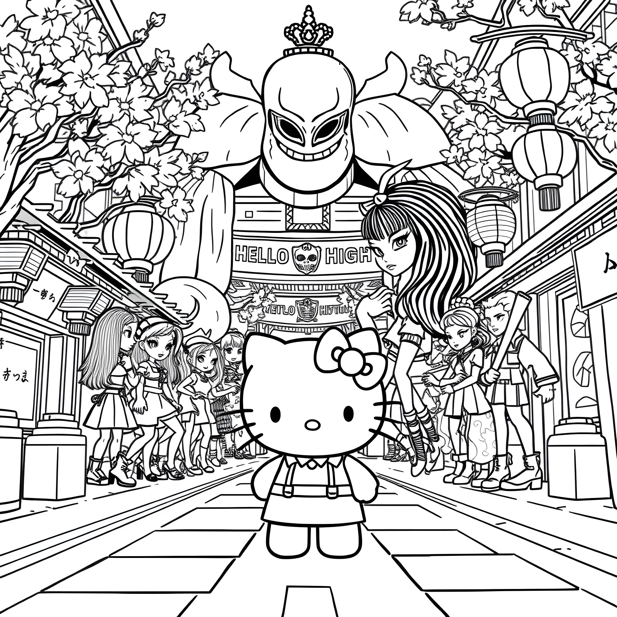 Hello Kitty in a Lively Japanese Street Scene Coloring Page (free black-and-white line drawing printable PDF for all, from beginners to advanced learners, including children, teens, adults, and seniors)
