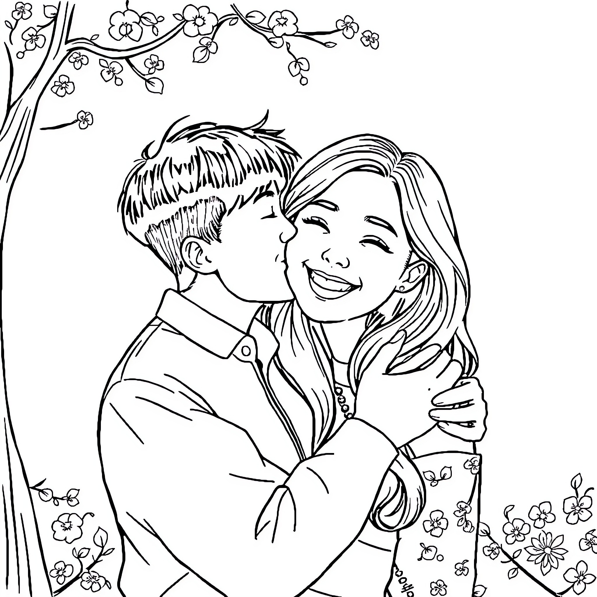 Wonyoung's Joyful Embrace with Floral Adornments Coloring Page (free black-and-white line drawing printable PDF for all, from beginners to advanced learners, including children, teens, adults, and seniors)