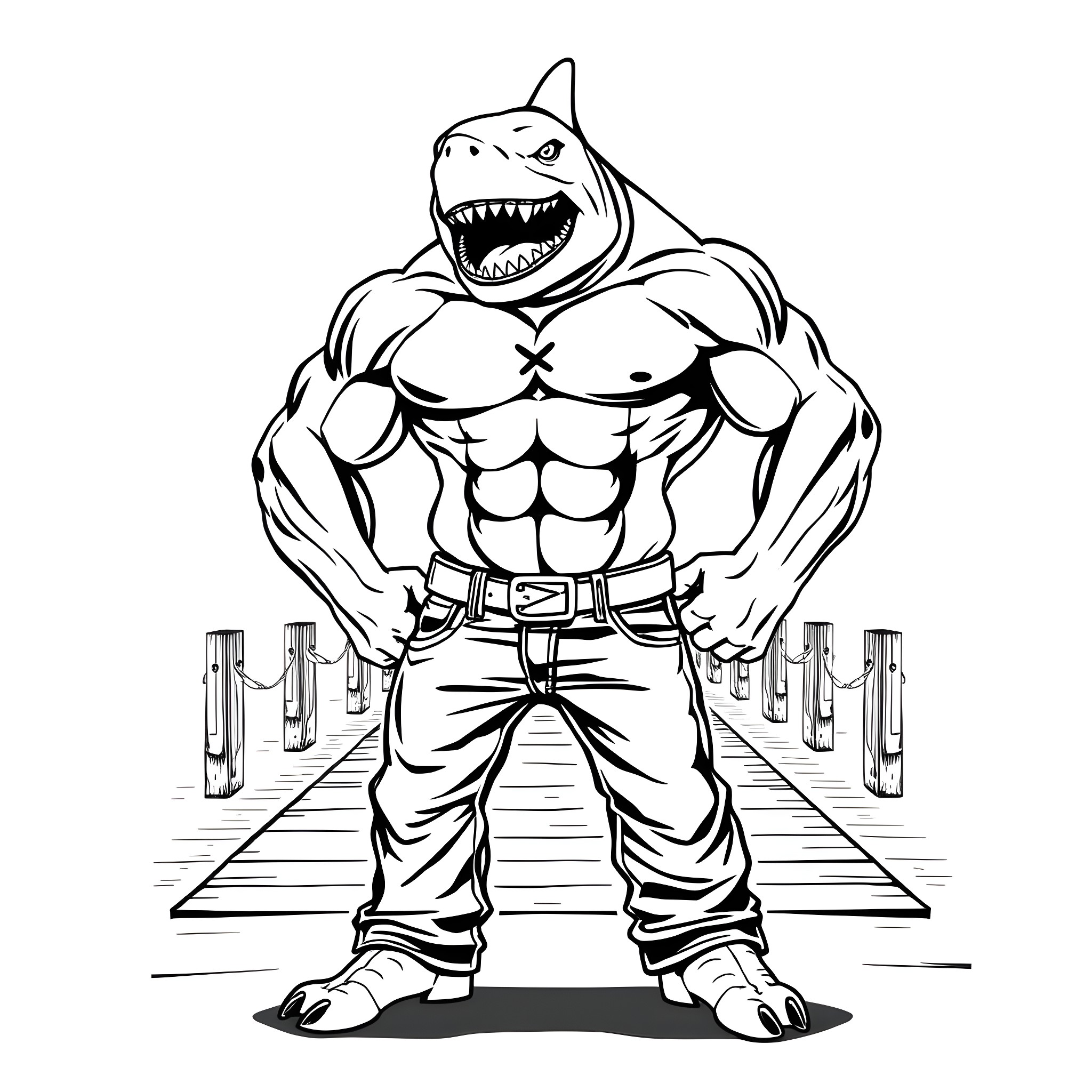 Shark-themed muscular fighter in action pose Coloring Page (free black-and-white line drawing printable PDF for all, from beginners to advanced learners, including children, teens, adults, and seniors)